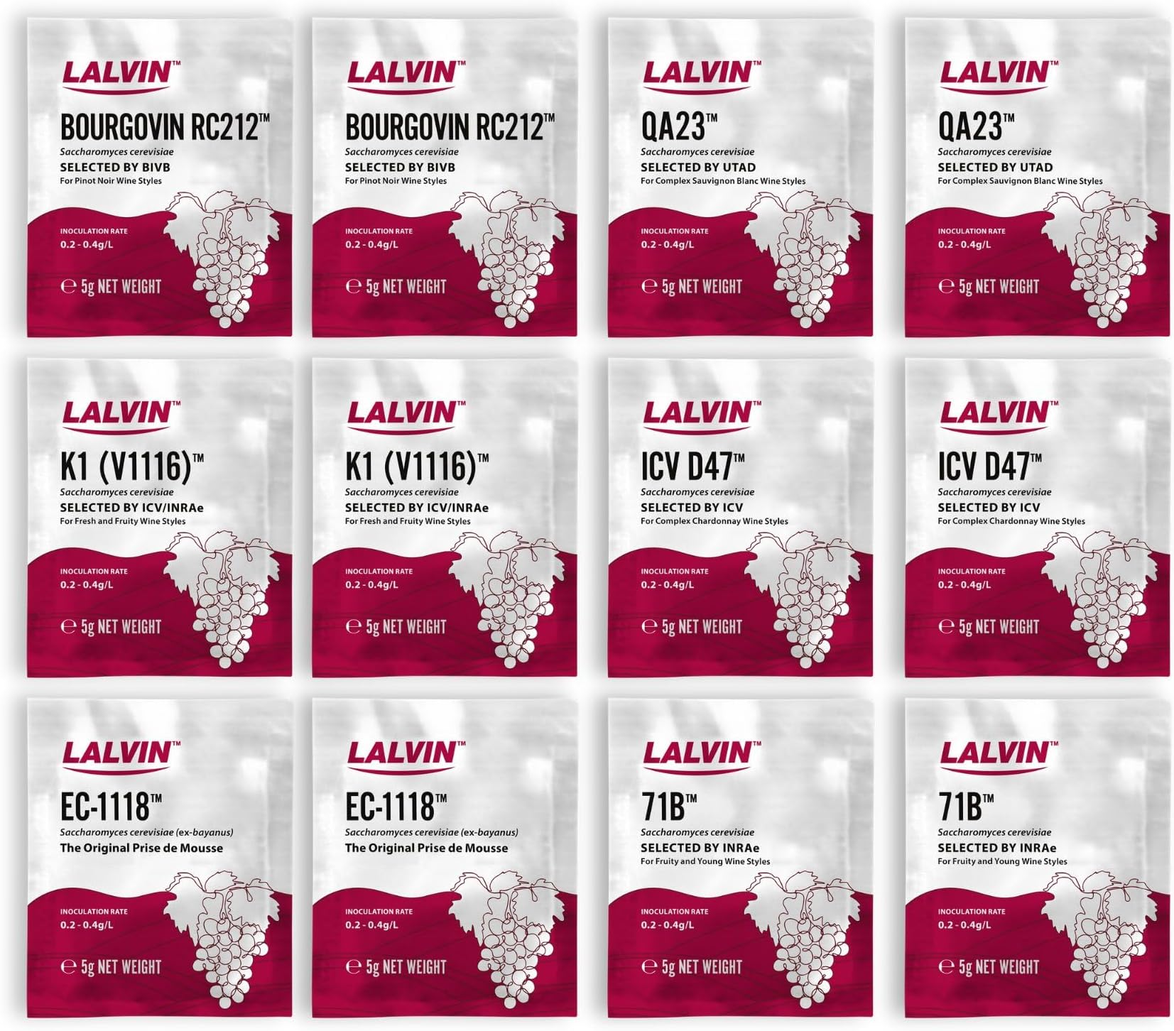 Lalvin Sampler Wine Yeast (12 Pack) - Make Wine Cider Mead Kombucha At Home - 5 g Sachets - Saccharomyces cerevisiae - Sold by CAPYBARA Distributors Inc.