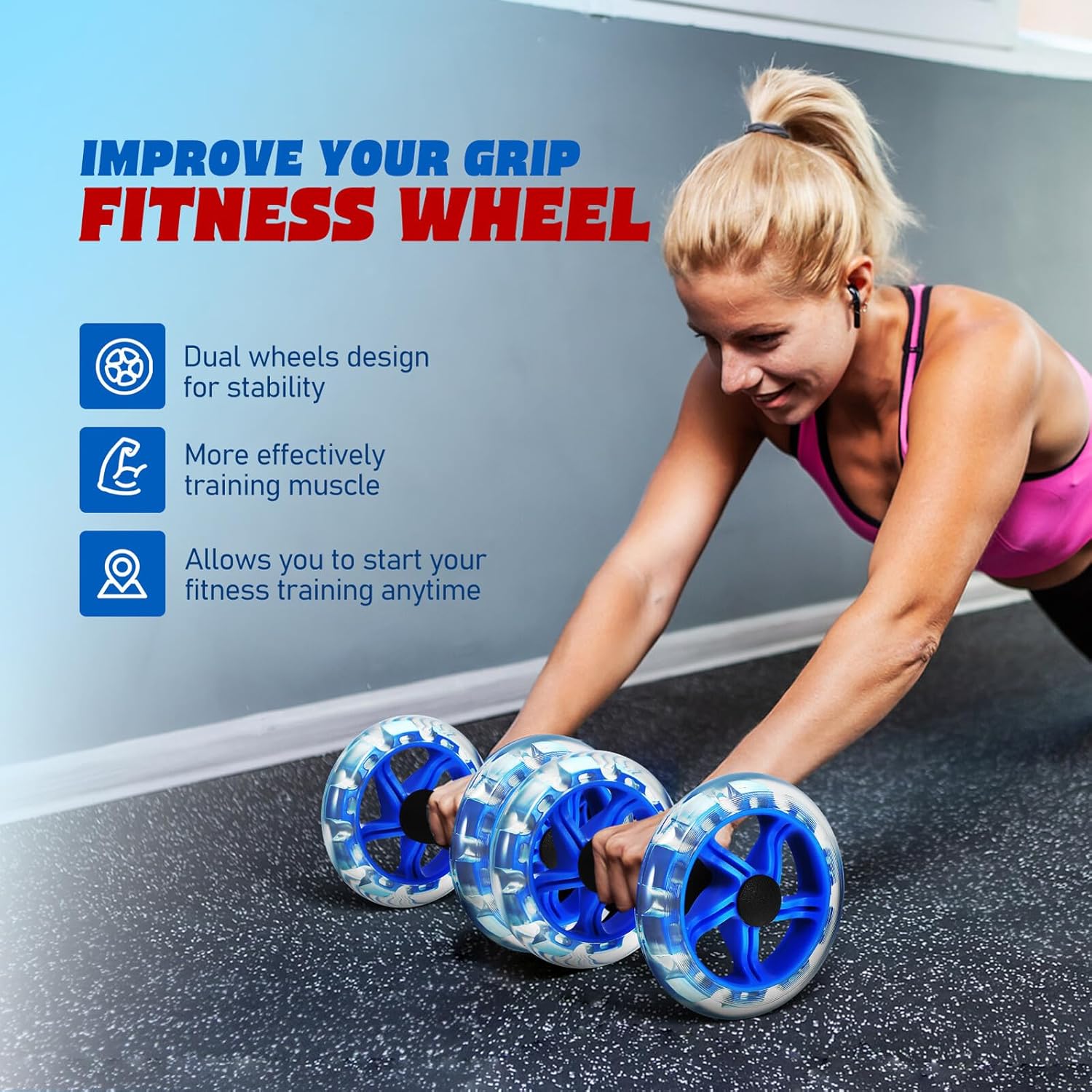 Alasum Twin-wheel Ab Roller Core Strengthening Fitness Device with Non-slip Handles for Men and Women Dual Wheel Stability for Abdominal Exercise and Weight Loss Blue