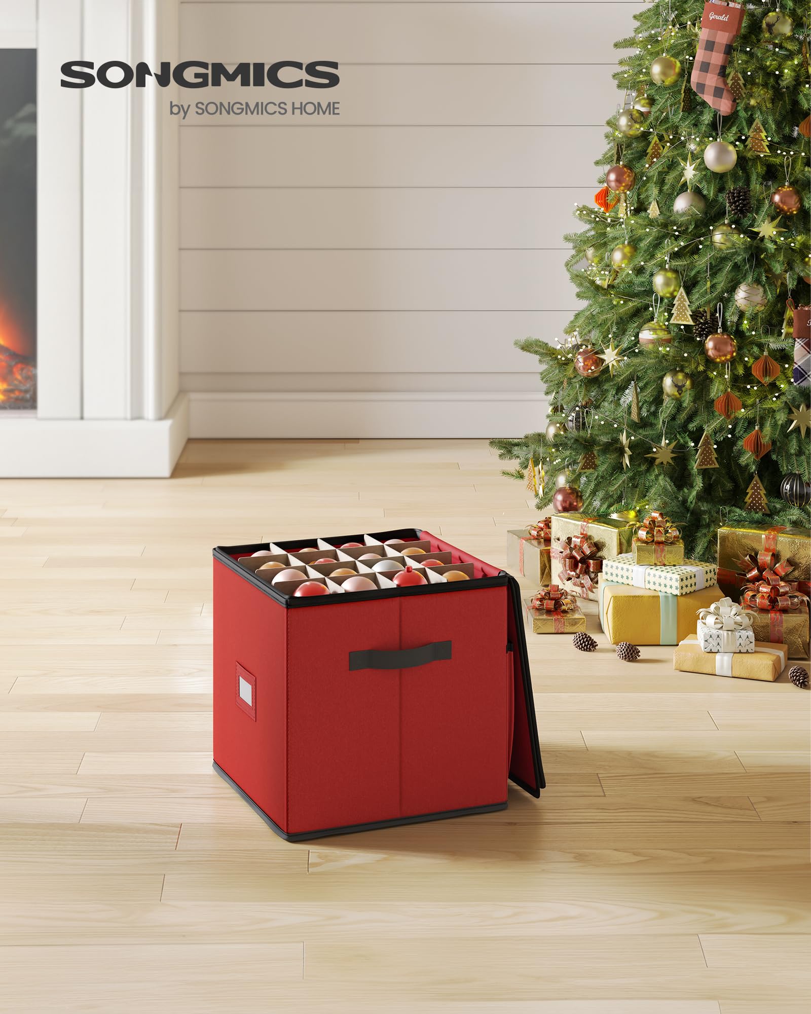 SONGMICS Contenitore per Palline di Natale, 64 Scomparti da 7,6 cm, Scatola Impilabile Decorazioni Natalizie con Coperchio, Doppia Cerniera Lampo, Divisori Regolabili, Rosso Ciliegia RFB036R01