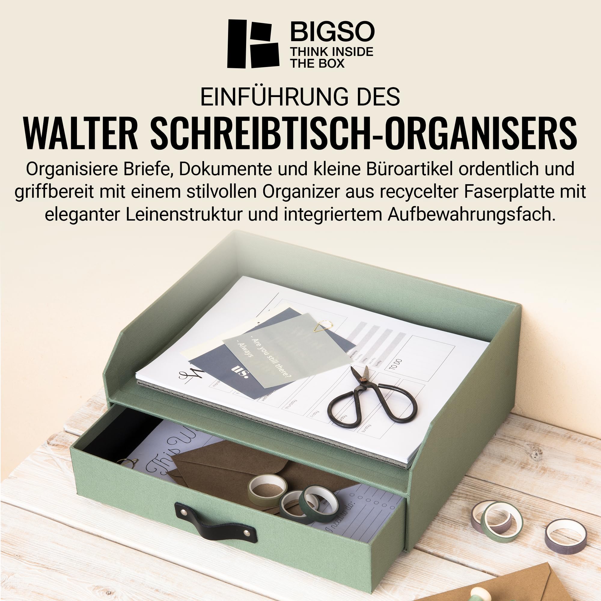 BIGSO Walter Briefablage mit integrierter Schublade – praktische Ablagefläche für Briefe, Dokumente usw. – Ordnungssystem aus Faserplatte mit Papier in Leinenoptik – mintgrün