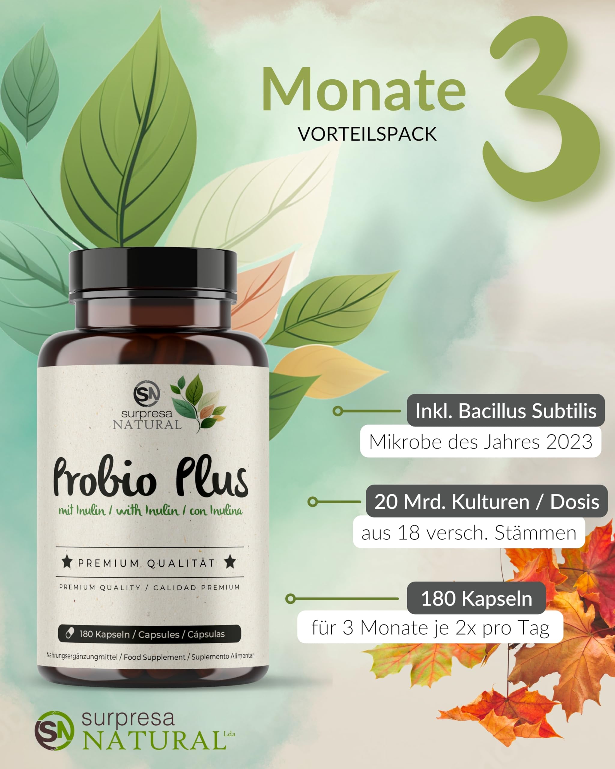 Probio Plus Kapseln hochdosiert I 3x 180 Kapseln mit Inulin & Bacillus subtilis I 20 Mrd. KBE pro Tag I Kulturen Komplex 18 Bakterienstämme I magensaftresistent & vegan