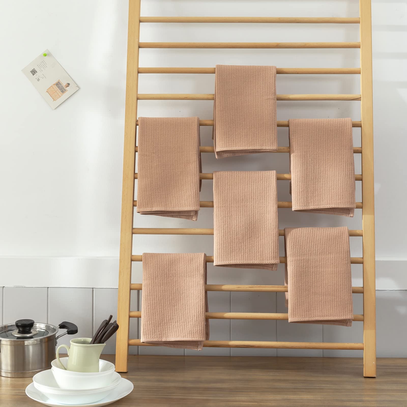 QUILTINA Juego de 6 paños de Cocina, 100% algodón, Tejido gofre, 17 x 25 Pulgadas, súper absorbentes para secar y Limpiar, Color marrón