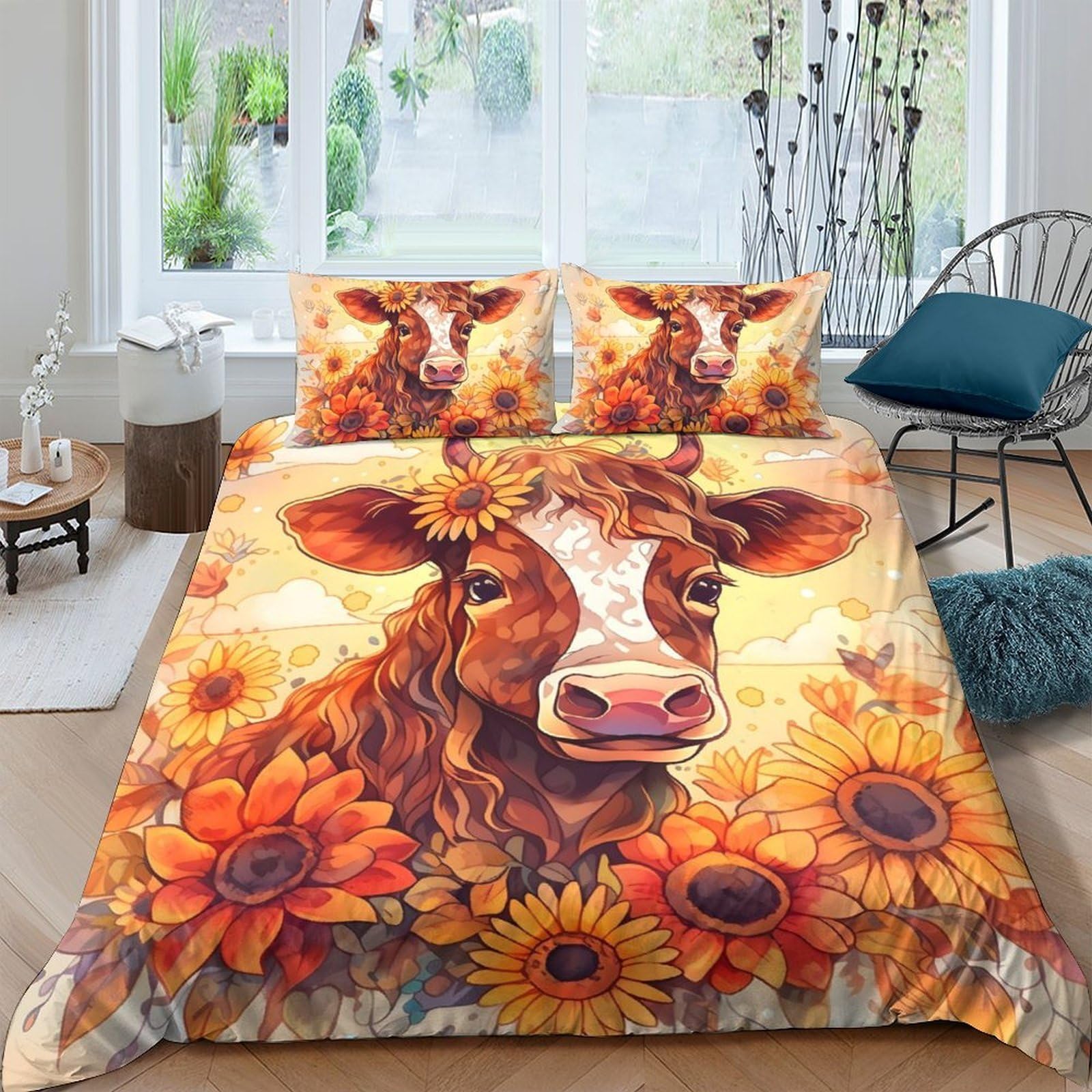 Ctjqhvkz Style-5 3D Printed Sunflower Cow Fitted Sheet Microfiber Orange Floral Mattress Cover For Bedroom Guest Room Decor Single（135X200cm）