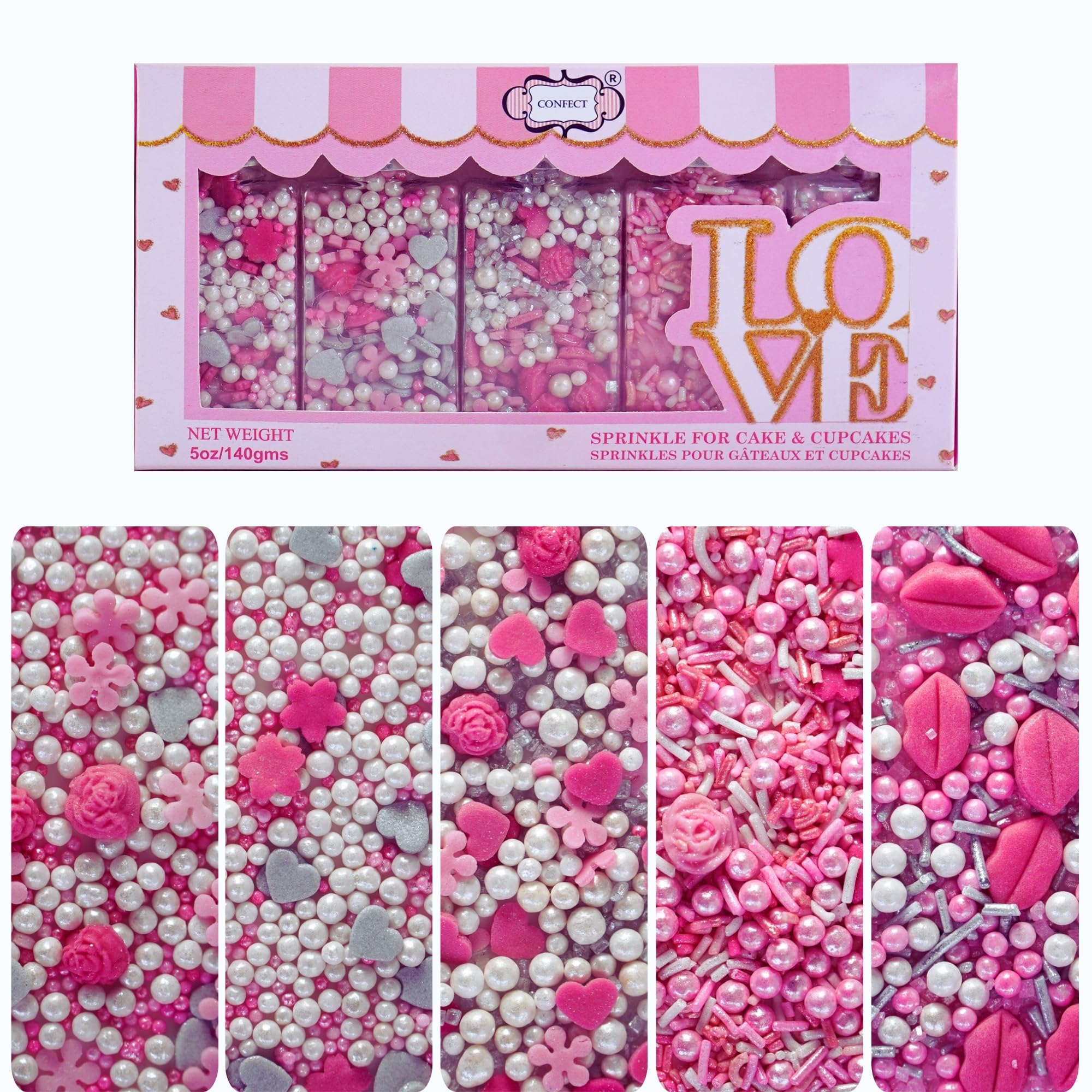 Confect Cake & Cupcake Sprinkles | Love Sprinkles Mix Pink Mini Lips & Roses, Silver Hearts & Vermcelli and White Pearls | Anniversary Sprinkles | Edible sprinkles Mix Pack of 5 (5 Oz)