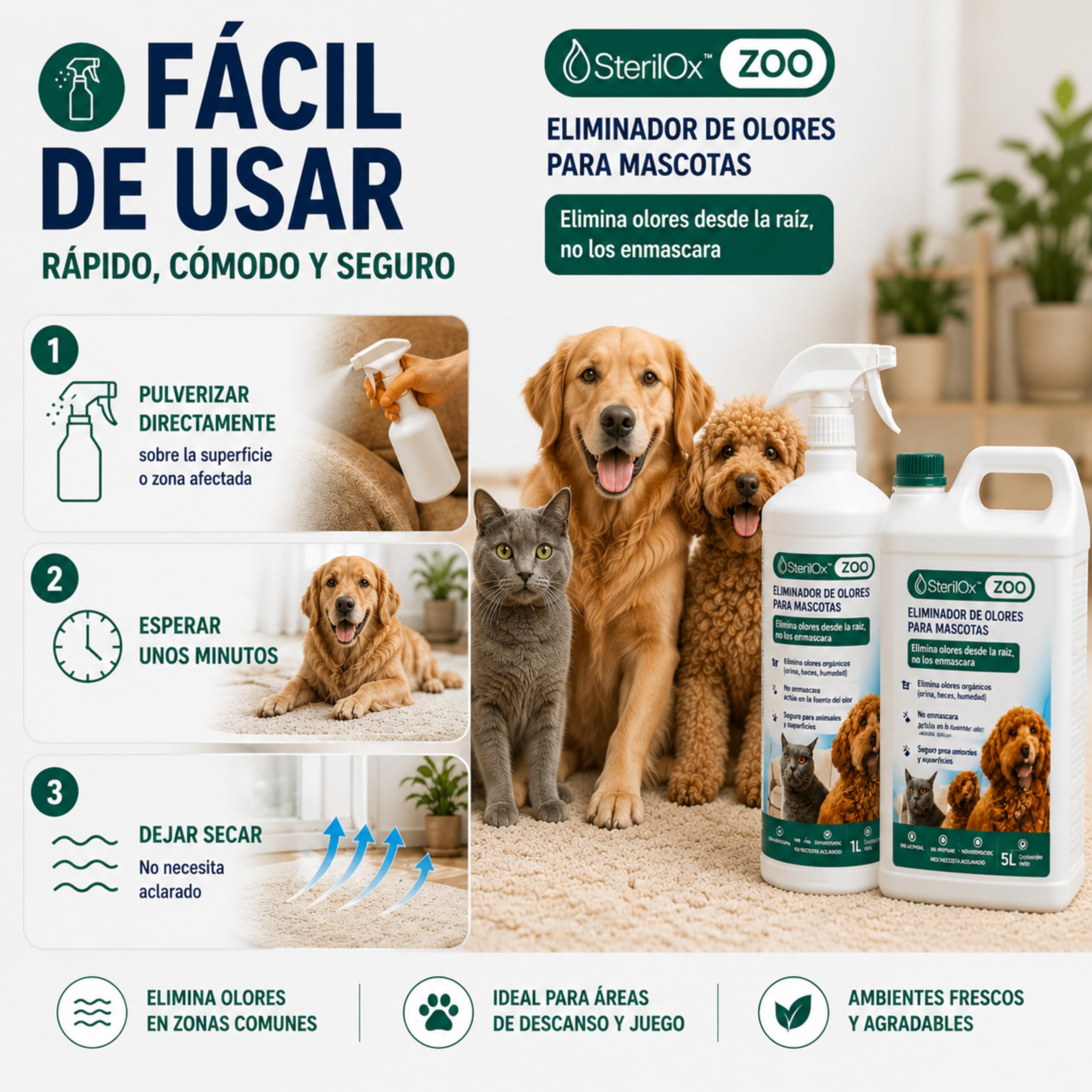 ZOO 5 L Eliminador de Olores para Perros y Gatos Sin Alcohol | Neutraliza olores de orina y mascotas. Apto para fogger y niebla fría.