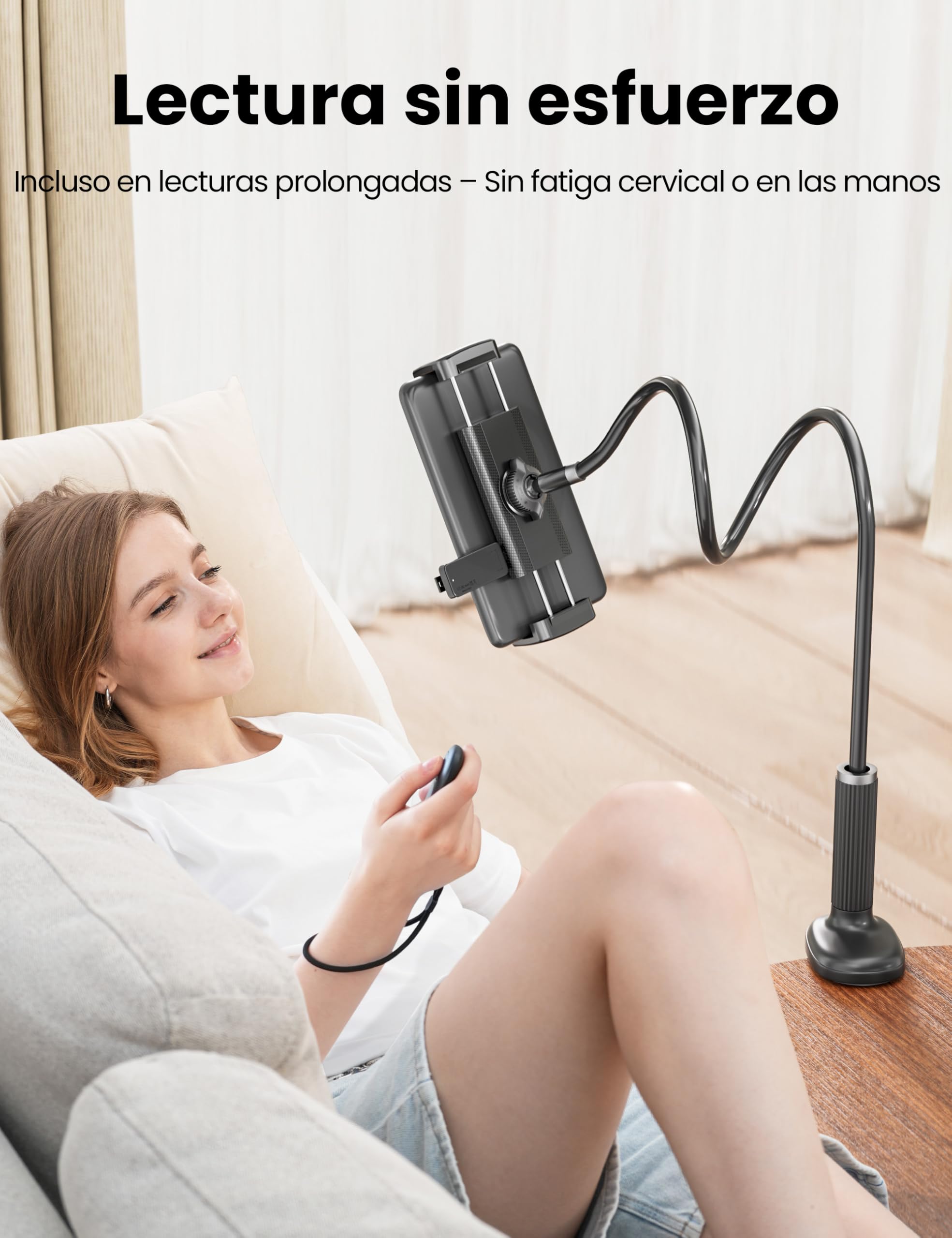 VOLTIFYMAX Soporte para Tablet con Pasapáginas Kindle para Leer en la Cama, Brazo Ajustable de Cuello de Cisne para Accesorios Kindle/Tabletas/iPhone 4.7''-11'', Ideal para Entusiastas de E-readers