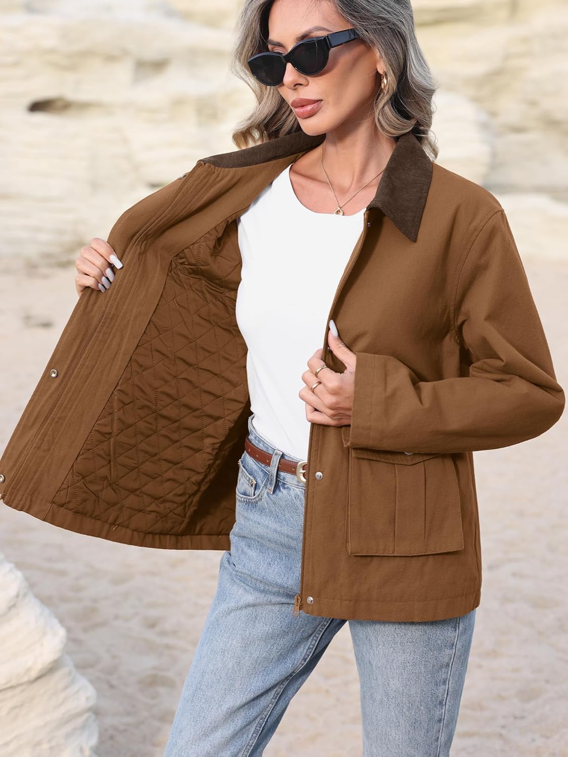 ELLEVEN Padded Barn Jackets for Women Oversized Fall Utility Corduroy Collar Coat, Cotton Outerwear with Pockets - Image 2