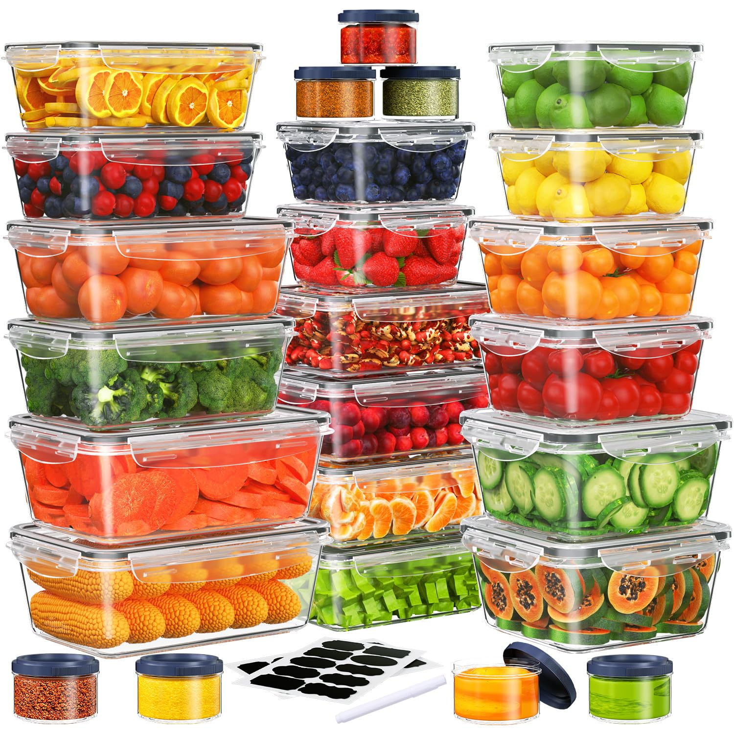 50 PCS Food Storage Containers Set, Plastic Food Containers for Pantry Kitchen Storage and Organization, Microwave and Dishwasher Safe, Leakproof & BPA-Free with Labels Pen(25 Containers & 25 Lids)