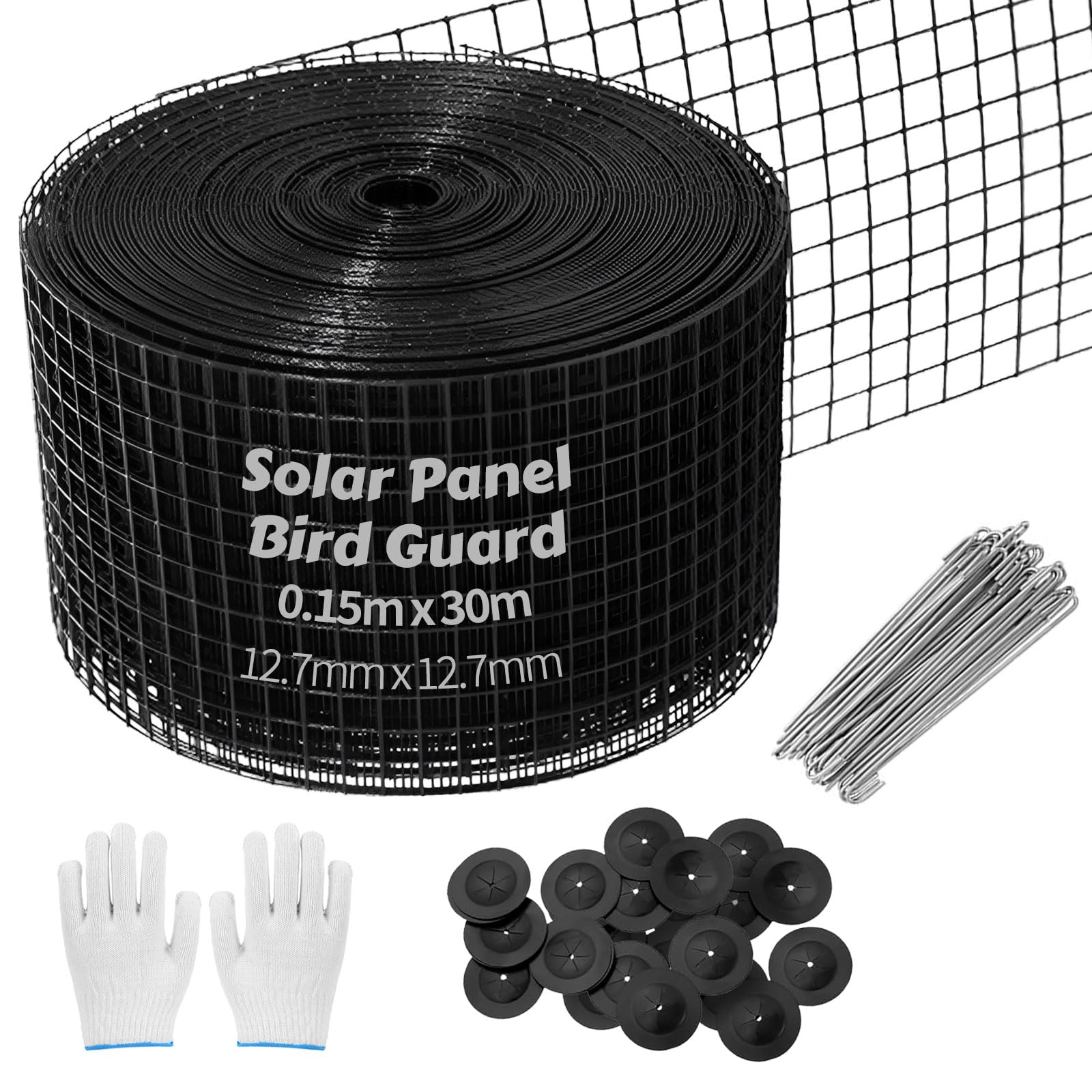 Kit di Rete Anti-Uccelli per Pannello Solare 15,2 cm x 30,5 m PVC Rete Flessibile Anti-Uccelli, Protezione per Pannello Solare per Prevenire la Nidificazione dei Piccioni con Guanti