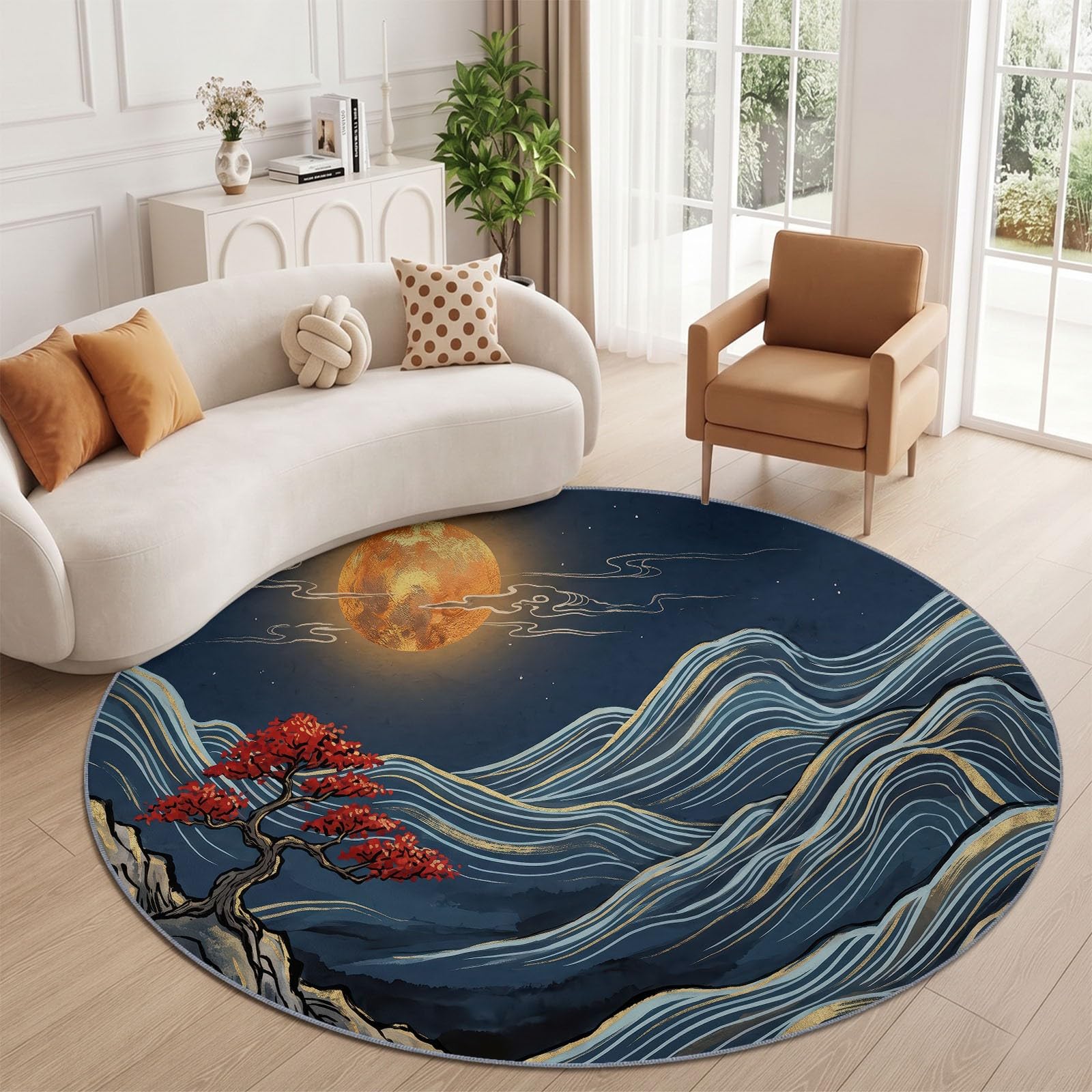 Tapis Rond de Salon 100 cm, Moderne Classique Montagnes Lune Imprimé - Bleu pour Salle à Manger Bureau Chambre, Lavable en Machine et Poil Court Tapis Rond avec Dos Antidérapant
