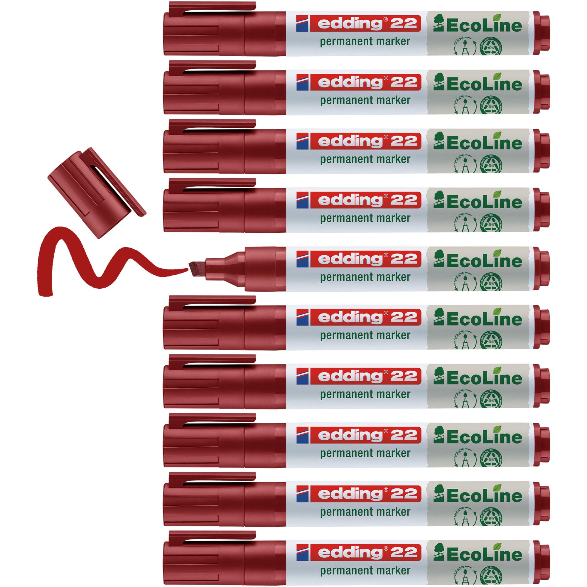 edding 22 Ecoline Permanent Marker - red - Box of 10 - Chisel tip 1-5 mm - Waterproof, Quick-Drying, Smear-Proof pens - for Cardboard, Plastic, Glass, Wood, Metal and Fabric - refillable
