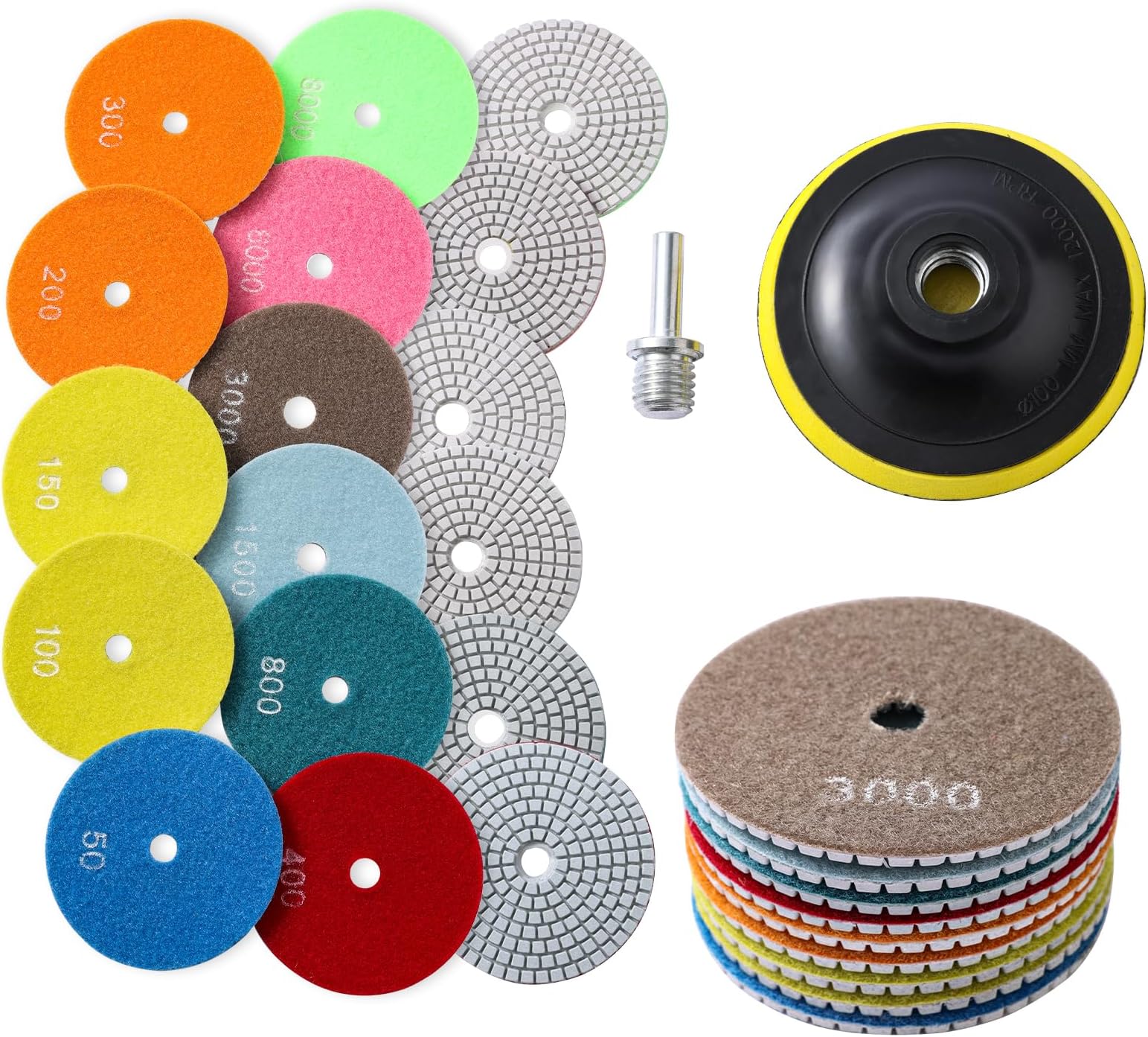 XKDOUS 13pcs Diamond Polishing Pads Set,50-8000 Grit Pads,Wet/Dry Granite Polish Kit with Backer Pad for Drill Grinder Rock Polisher Granite Marble Stone Concrete Tile Tools