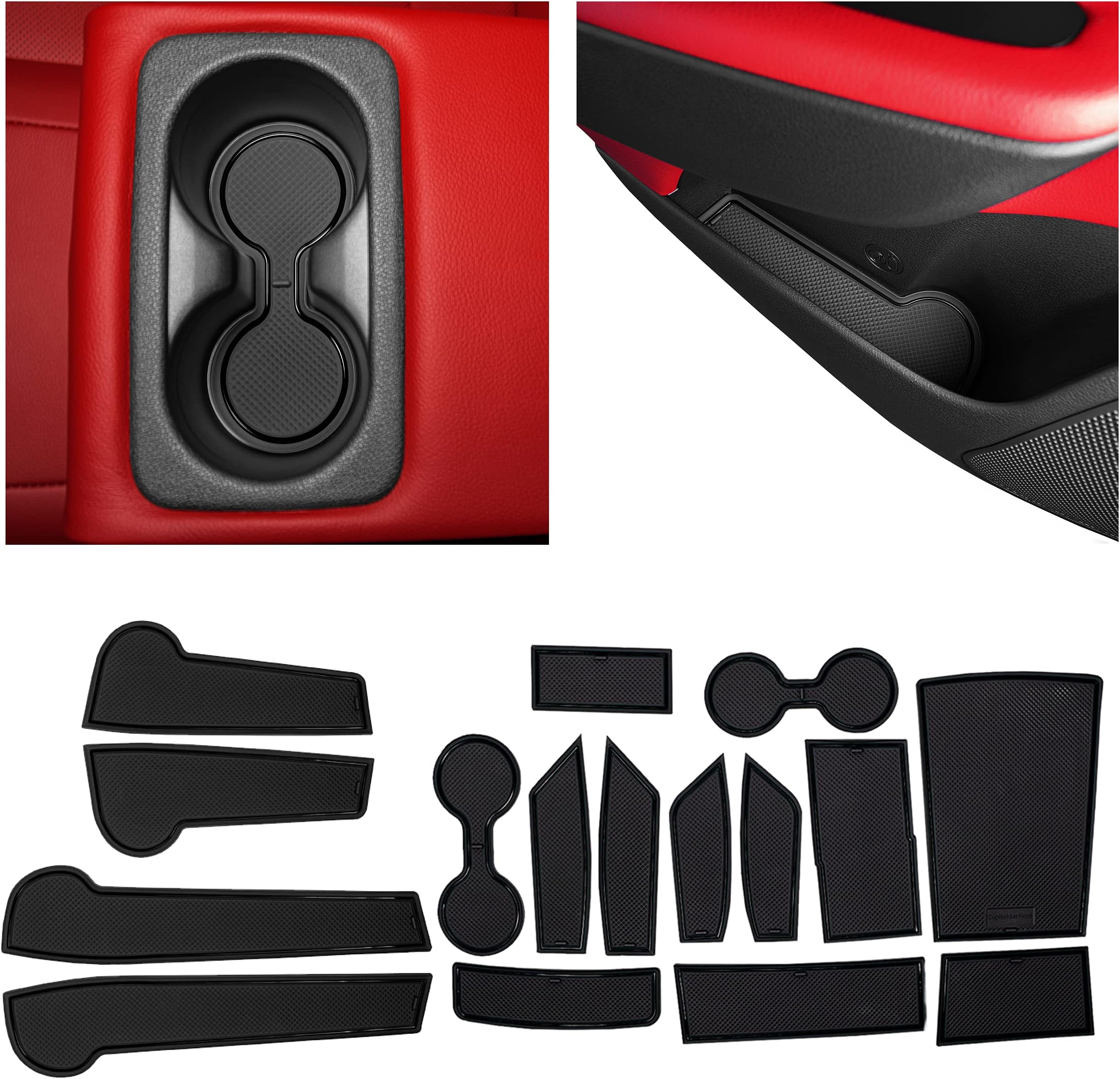 CupHolderHerofor Kia Stinger Accessories 2018-2024 Premium Custom Interior Non-Slip Anti Dust Cup Holder Inserts, Center Console Liner Mats, Door Pocket Liners 16-pc Set (Solid Black)
