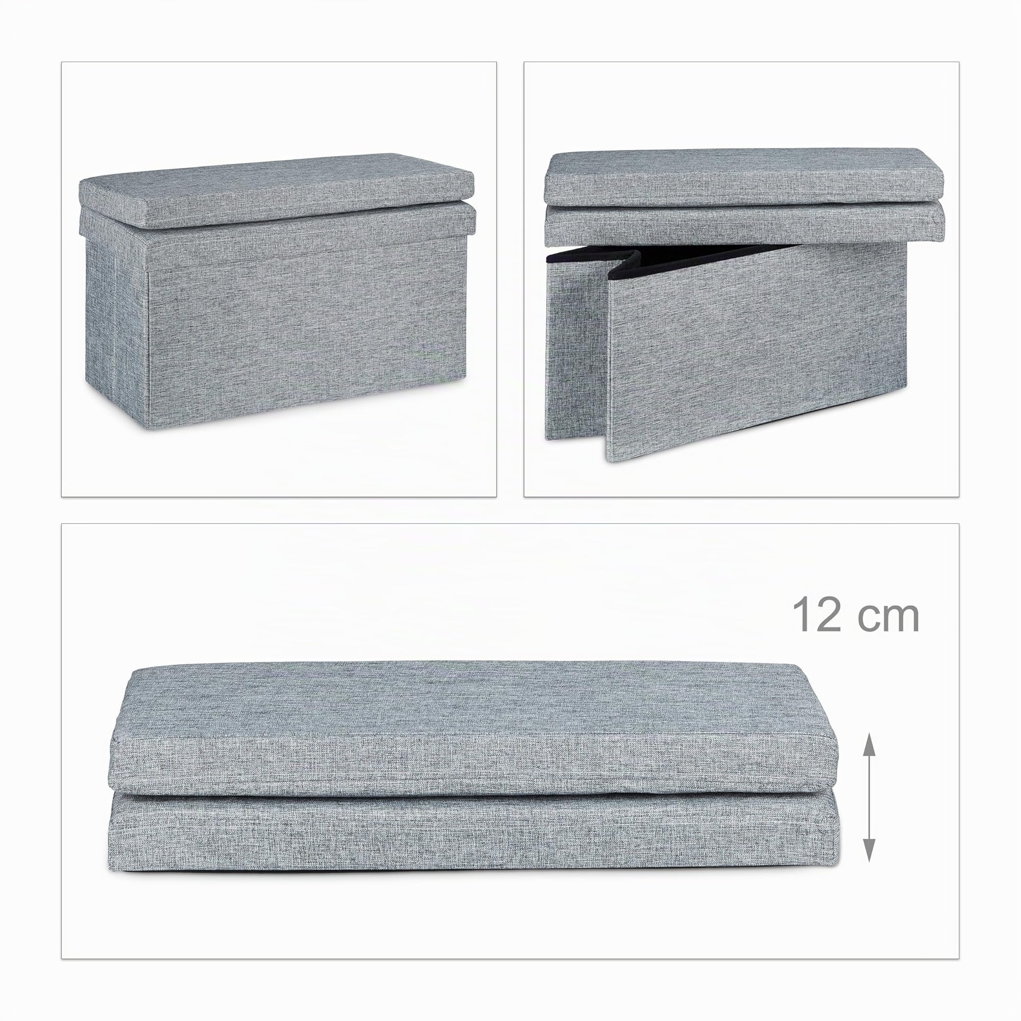 Relaxdays Baúl Almacenamiento, Puff Asiento Almacenaje, Banco con Respaldo, Taburete, Lino, 1 Ud., 73 x 76 x 38 cm, Gris