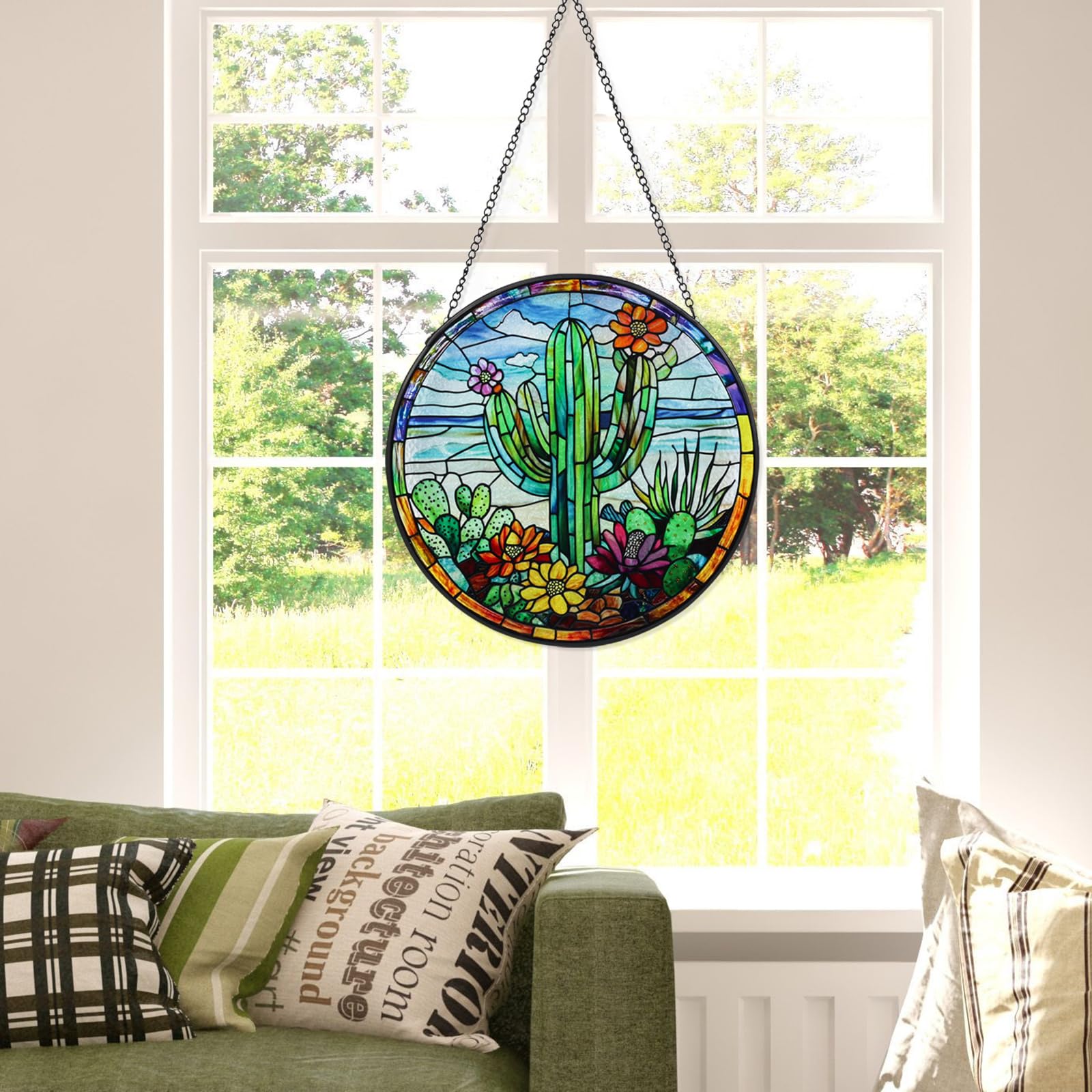 Cactus Stained Glass Window Hanging Suncatcher with Chain - 7.9" Arizona Outdoor/Indoor Art Decor for Home Garden, Thanksgiving, Wedding, Mother's, Valentine's & Christmas Ornaments Present