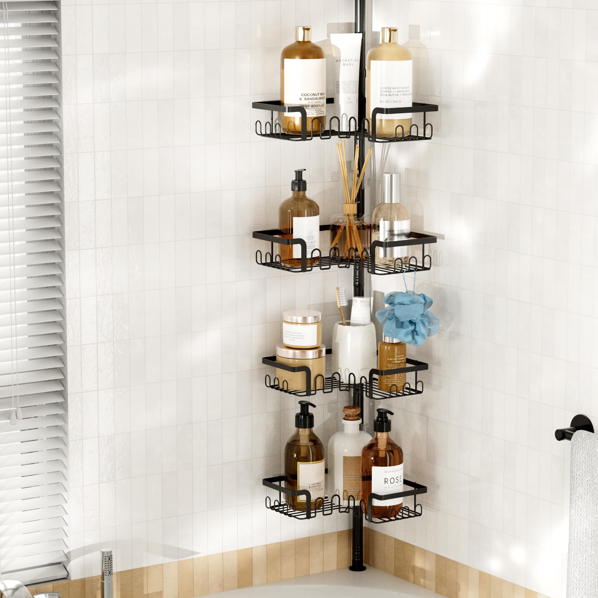 THKVESN Corner Shower Caddy Tension Pole Adjustable 29 124 Inch 4 Tier Rustproof Shower Organizer Shelf Rack Quick