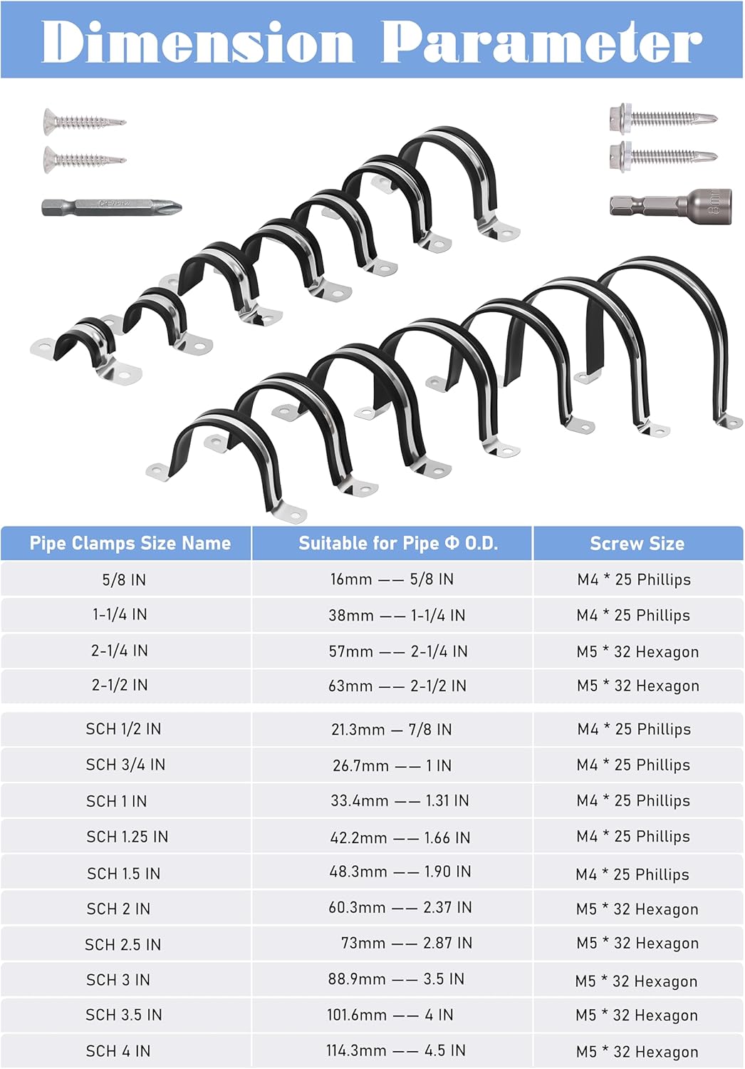 Pipe Clamps 5/8 Inches （Φ16MM）- 304 Stainless Steel & Rubber Lining heavy duty Pipe Strap clamp 10 Pack