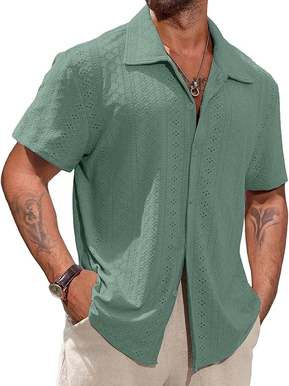 Vssjavun Mens Short Sleeve Button Down Shirts Casual Hollow Out Summer Beach Shirt