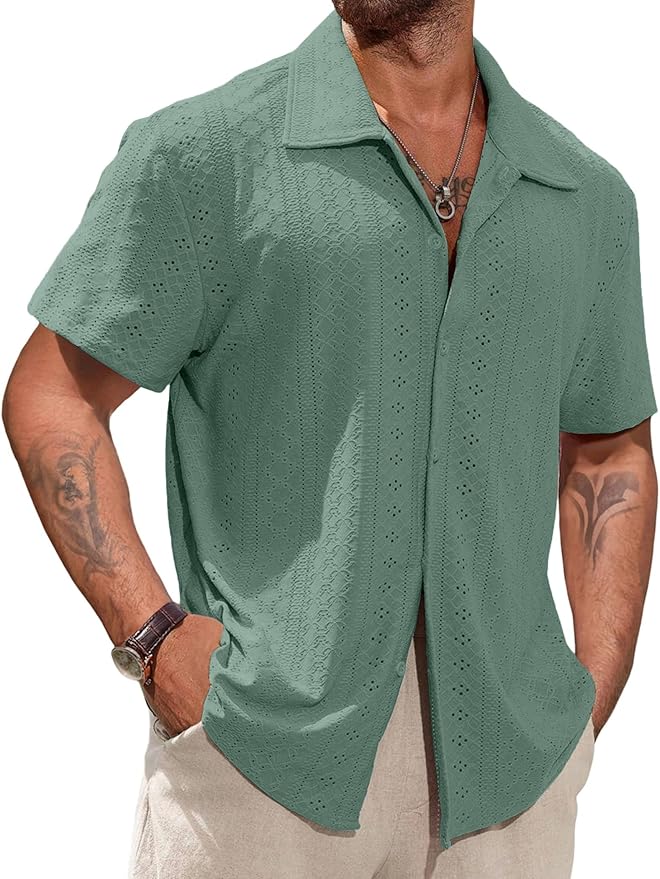 Vssjavun Mens Short Sleeve Button Down Shirts Casual Hollow Out Summer Beach Shirt