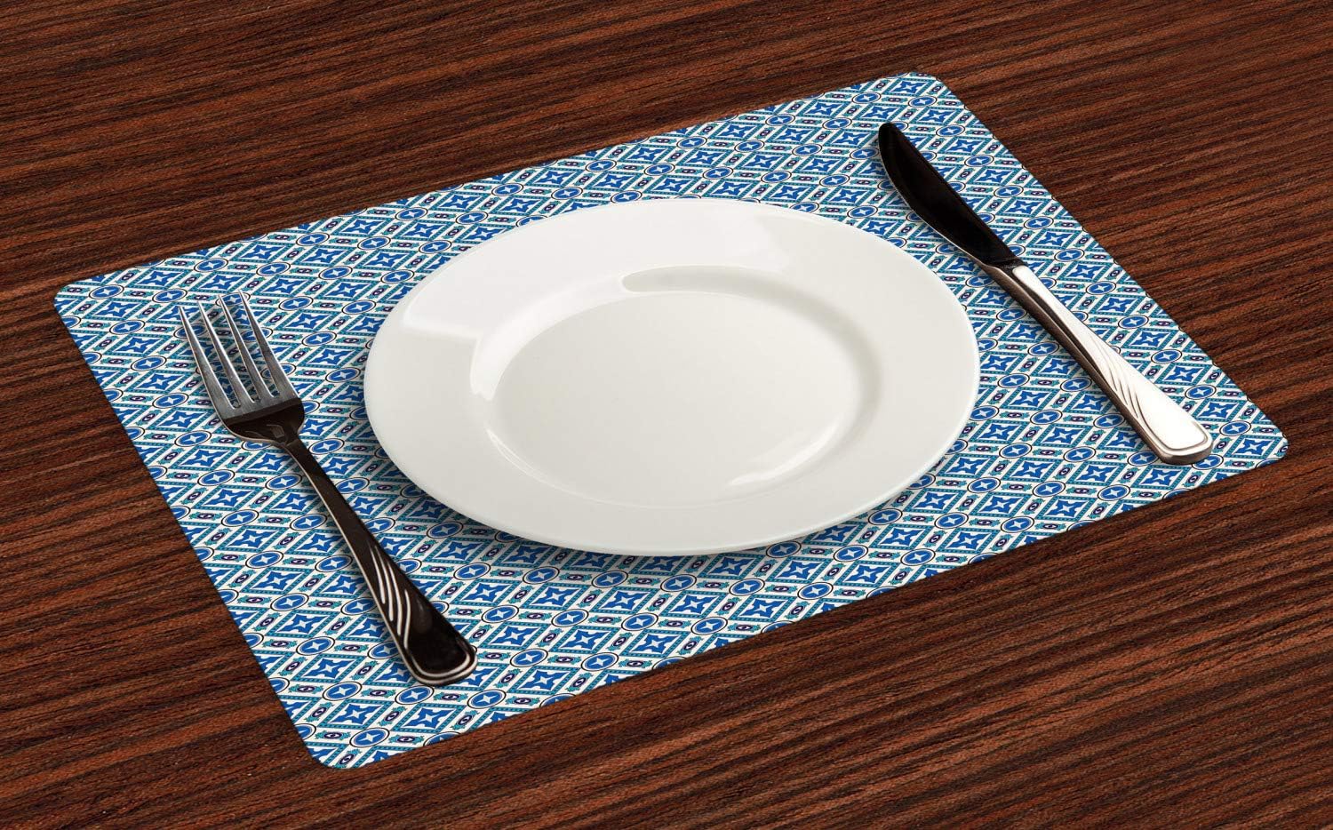 Lunarable Antique Place Mats Set of 4, Ornament in Style Traditional Design, Washable Fabric Placemats for Dining Table, Standard Size, Royal Blue Pale Blue Dark Blue