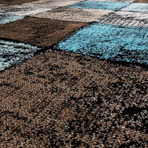 Miniatura 5 de Alfombra para sala de estar con patrón geométrico en azul y beige marrón