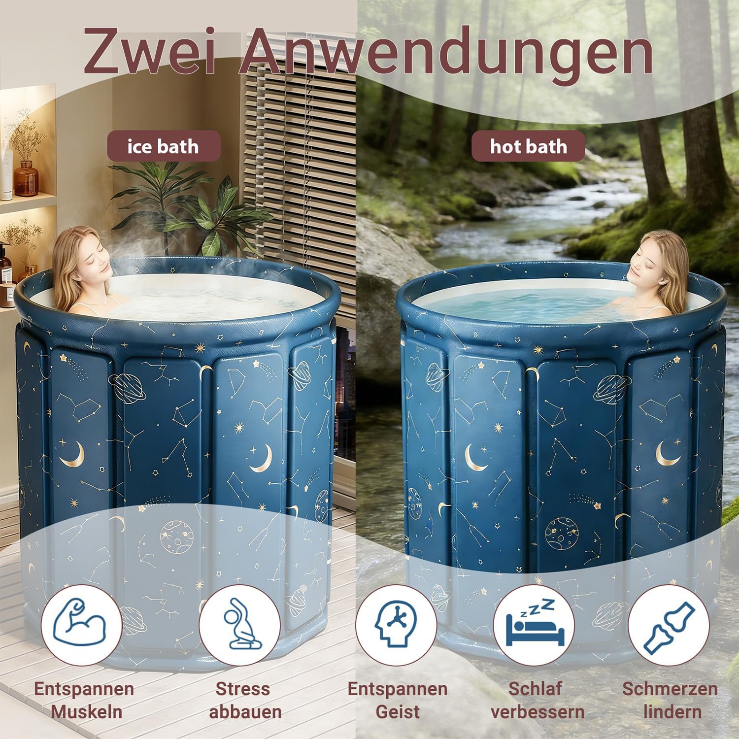 Baignoire portable pliable pour adulte - Grande baignoire mobile - Antidérapante - Pour l'extérieur - Pour thérapie par l'eau froide - Pour salle de bain, jardins - Bleu - 80 x 65 cm