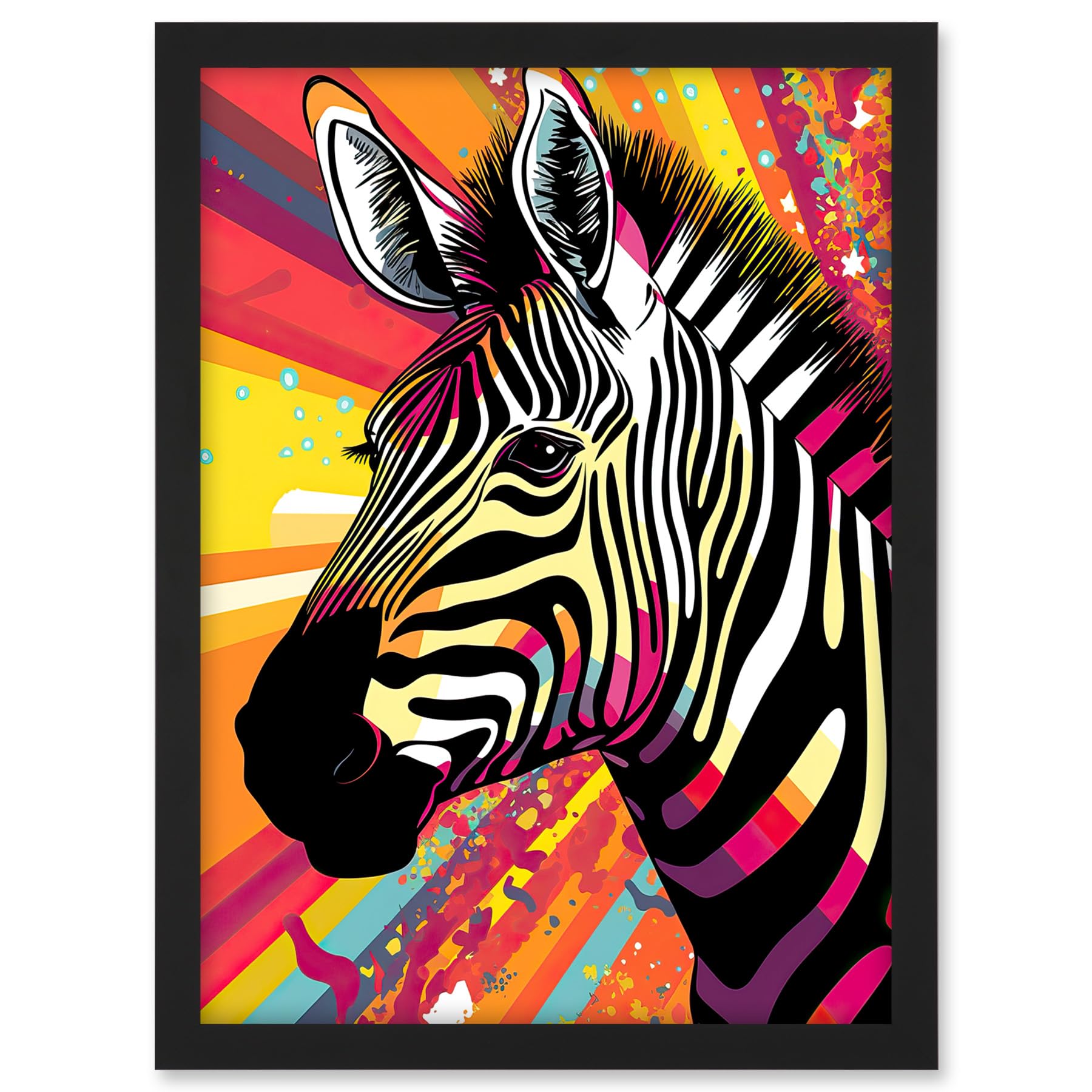 Artery8 Zebra Portrait Vibrant Colourful Stripes Bright Bold Psychedelic Rainbow Artwork Framed A3 Wall Art Print