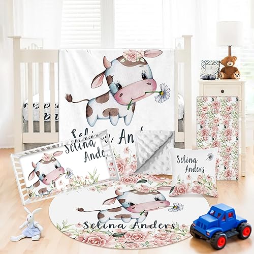 Juego de ropa de cama personalizado para cuna 5 piezas con temática de vaca para niñas y niños con nombre personalizado, juego de manta de doble