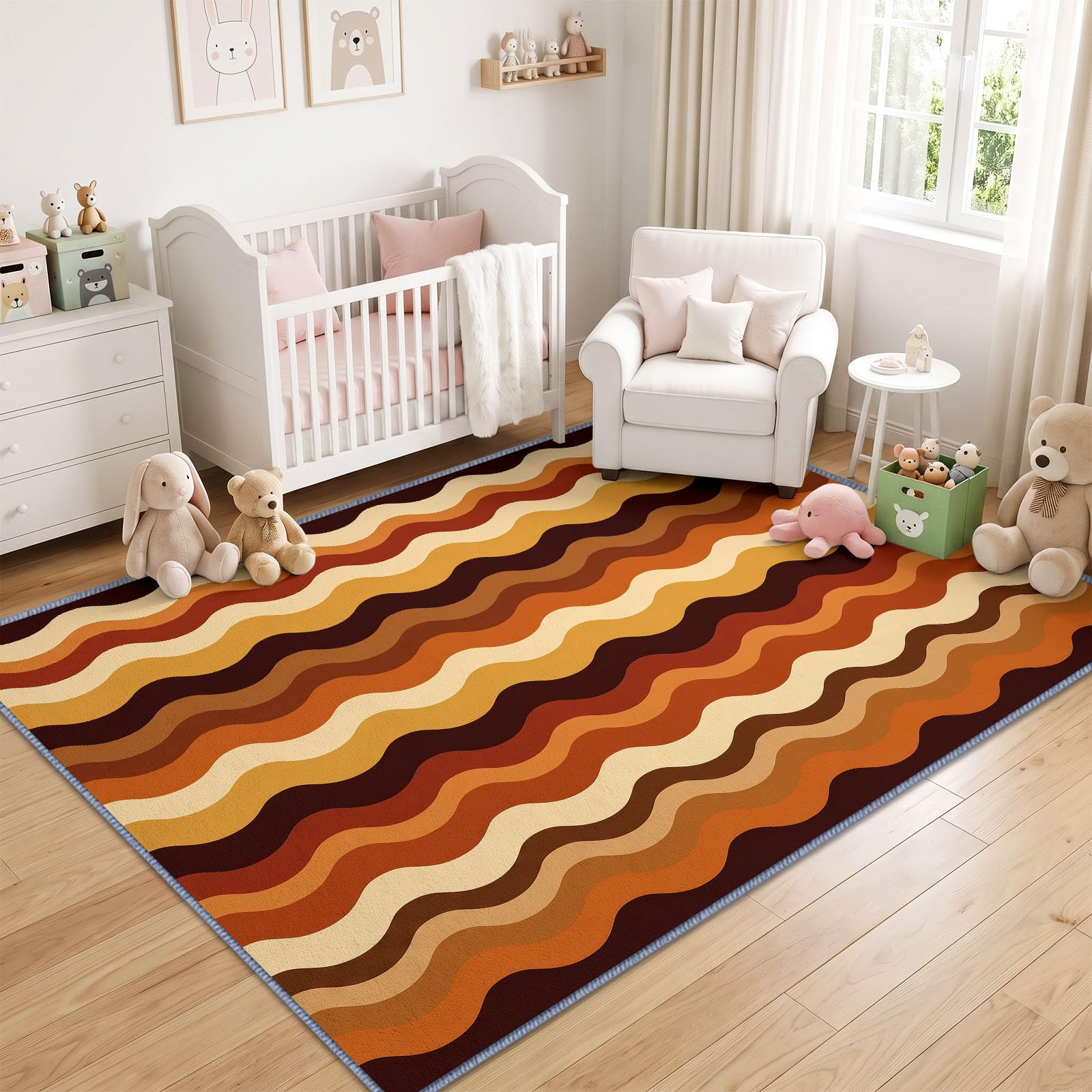 Tappeto in stile retrò chic anni '70 per soggiorno, 120 x 170 cm, a righe ondulate tono terroso, per camera da letto, morbido, a pelo corto, antiscivolo, tappeto classico per sala da pranzo, ufficio