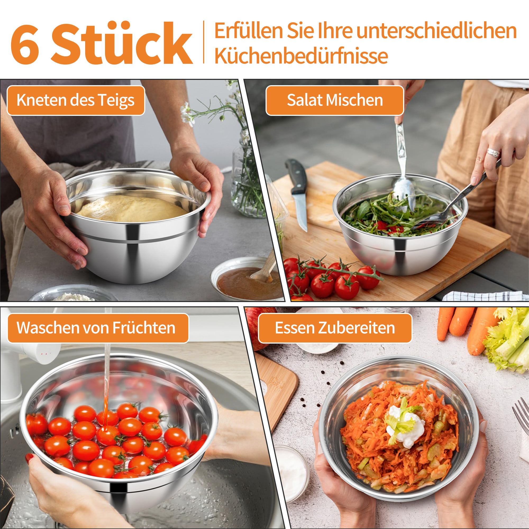 Joyfair Juego de 6 cuencos de acero inoxidable con tapa transparente y 3 accesorios para rallador, 4,5 L, 2,7 L, 2 L, 1,5 L, 1,2 L, 0,7 L, ensaladera para cocinar, apilable y apto para lavavajillas