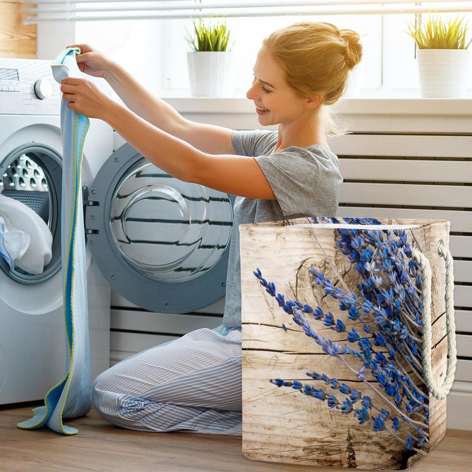Cesta de lavandería grande con asa duradera, lavanda, cesta de almacenamiento de ropa sucia para dormitorio, baño, dormitorio universitario