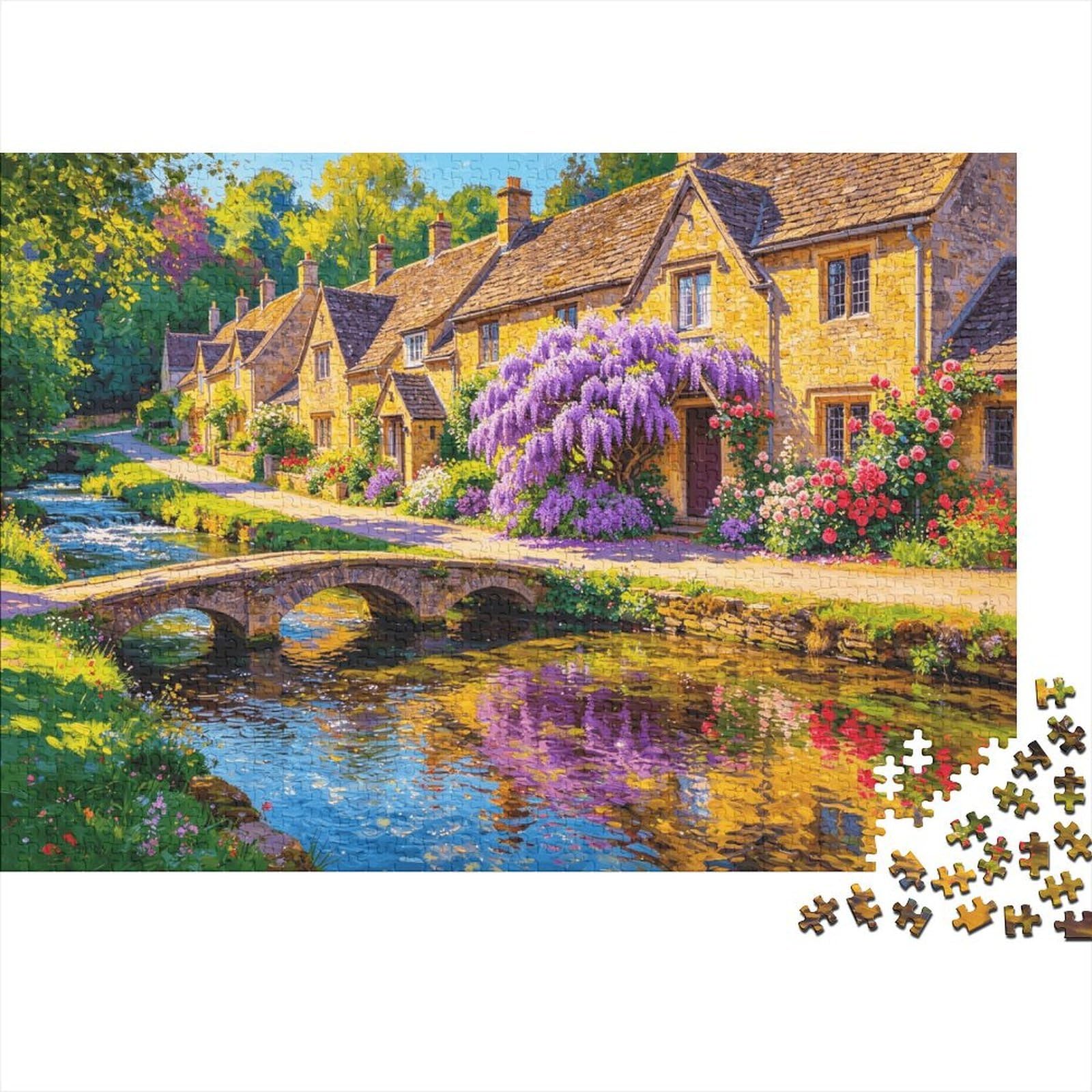 Cotswolds Cottage Senior Puzzles 1000 Piece Recycled British Countryside Jigsaw Puzzles Puzzle Game Props Family Gaming Time Educational Game Challenge Gift 52x38cm/1000pcs