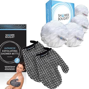 SHOWER BOUQUET Soft-White-Loofah XL 4-Pack & Japanese-Exfoliating-Gloves for Shower 2-Pack for Back & Body // 4 Extra Large Bath Sponges Plus Silver Ion Infused Exfoliating Mitts, 2 Charcoal White