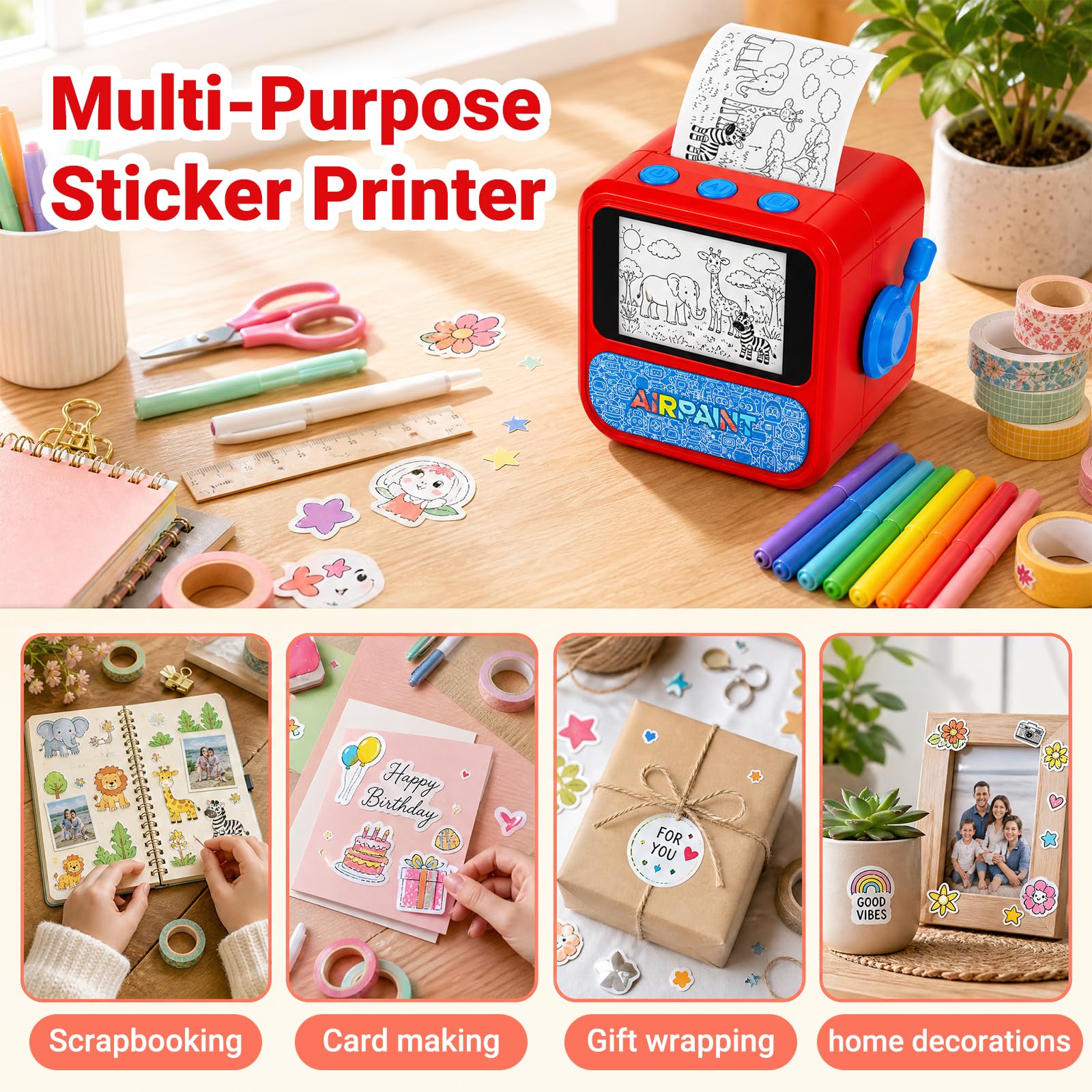 Stampante adesiva AI per bambini, mini stampante termica vocale a stampa, creatore di adesivi portatile senza inchiostro per pagine da colorare, diari, etichette, appunti e artigianato fai da