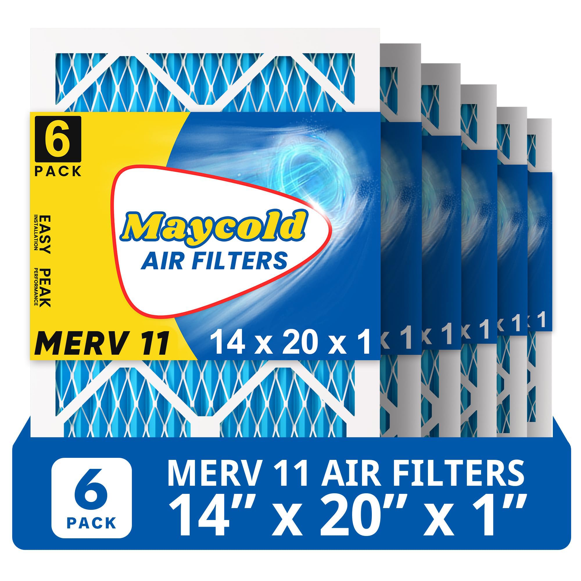 Maycold 14x20x1 MERV 11 Furnace Air Filter (6-Pack), High-Performance HVAC AC Filters for Home Use, Actual Size: 13.70” x 19.70” x 0.75”, Individually Wrapped in Plastic