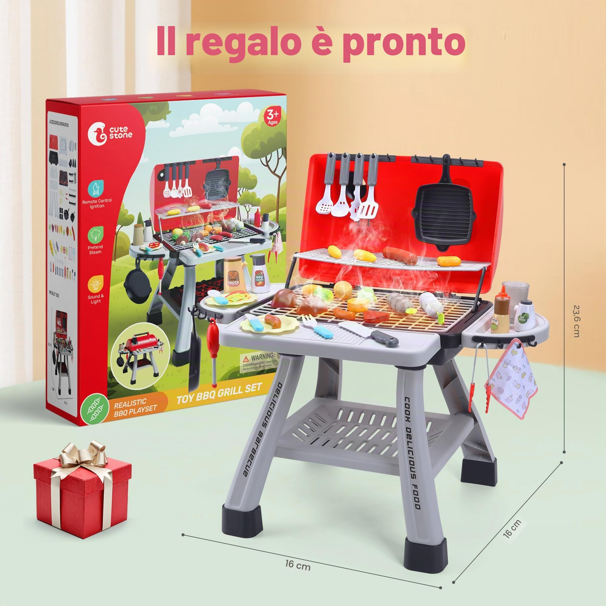 CUTE STONE barbecue giocattolo in pietra per bambini, set da cucina, set da gioco realistico per barbecue con fumo e accessori da cucina