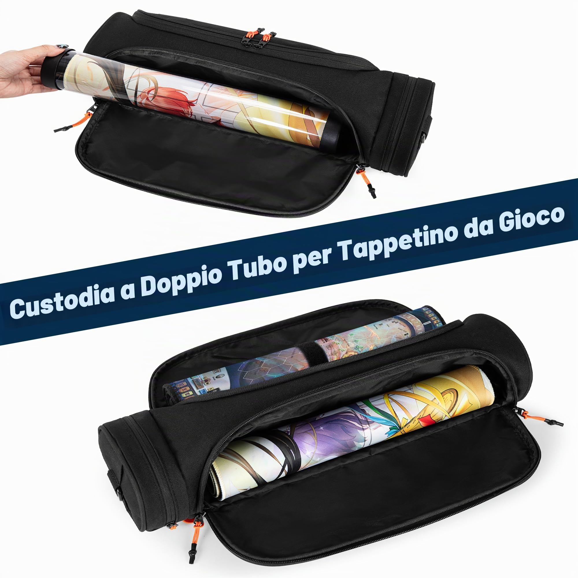 Rexmica Dual Borsa Portaoggetti per Tappetini da Gioco con Tracolla per 2 Tappetini da Gioco (35,5 x 61 cm), Custodia Tubolare per Tappetini da Gioco con Scomparto per Dadi per Gaming Playmat