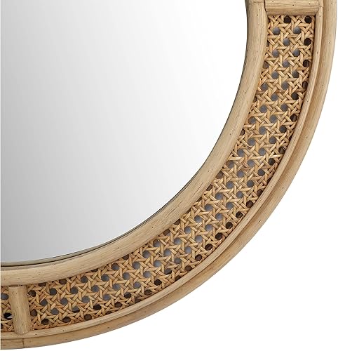 Miniatura 8 de FLORA Espejo de pared redondo de ratán con marco de madera, espejo decorativo bohemio moderno para baño, entrada, sala de estar, dormitorio, 24
