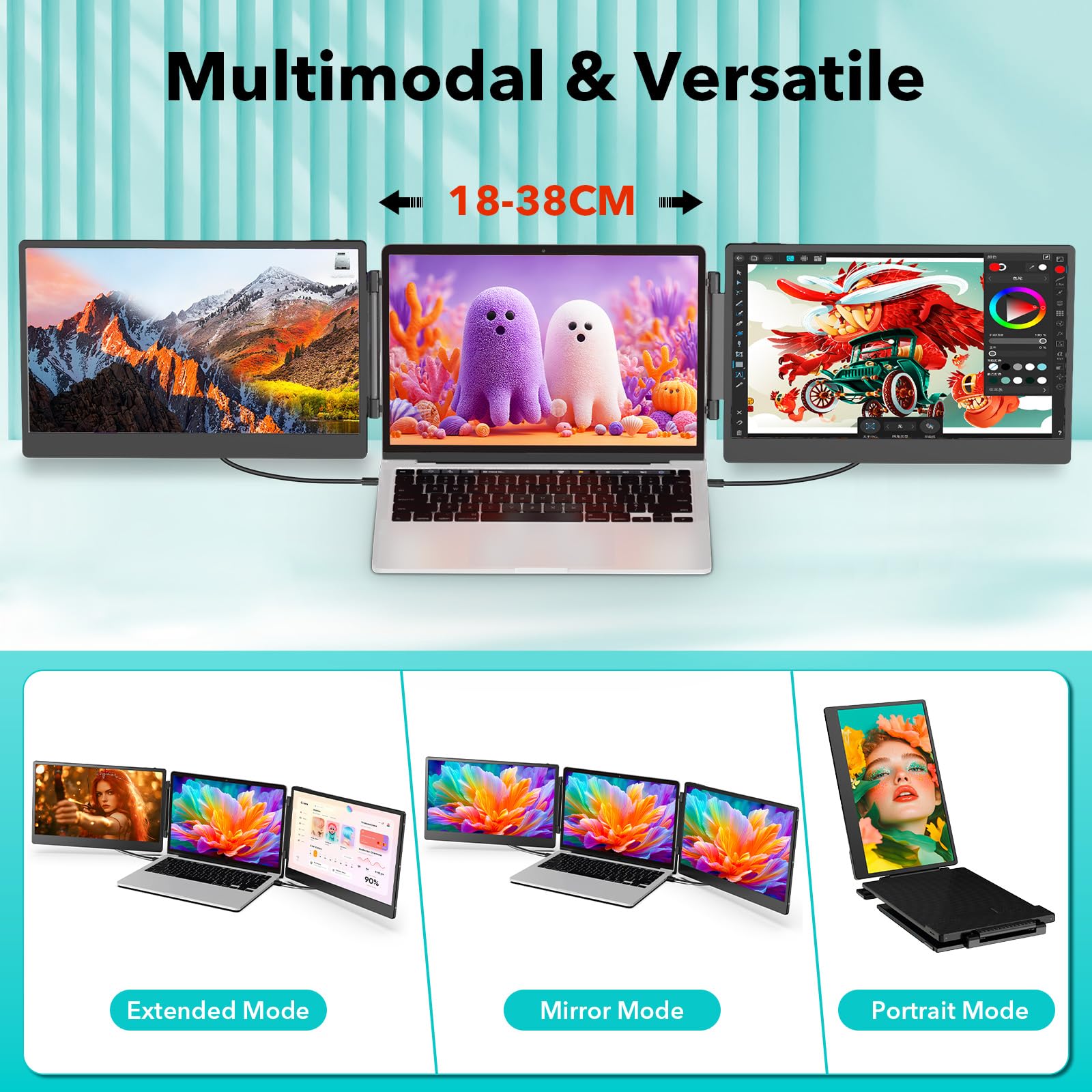 Tragbarer Monitor für Laptop, 14’’ Triple Laptop Screen Extender, FHD 1080p Portable Monitor Bildschirm Erweiterung, Plug & Play Kein Treiber Kompatibel Windows Mac Android
