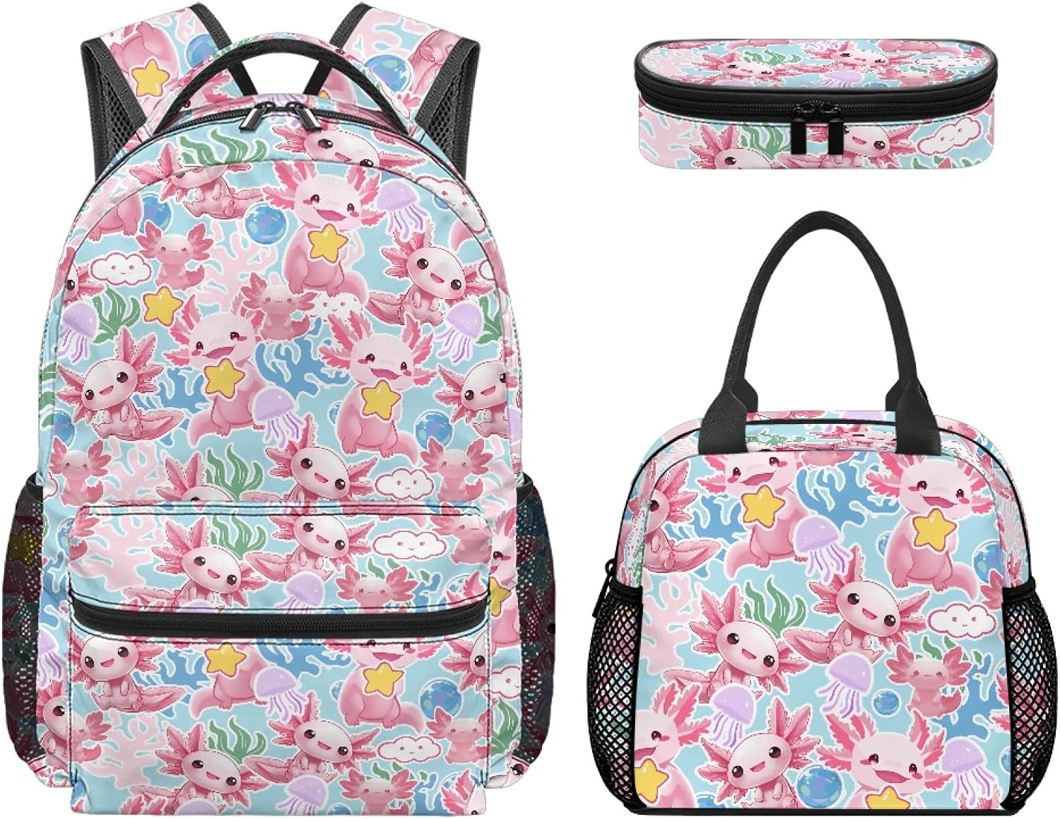 Amzbeauty Animal Print Backpack Set For Girls Axolotl Ocean Backpack With Lunch Box Pencil Case Cute 3pcs Back-To-School Bookbag Elementary Student Travel Rucksack