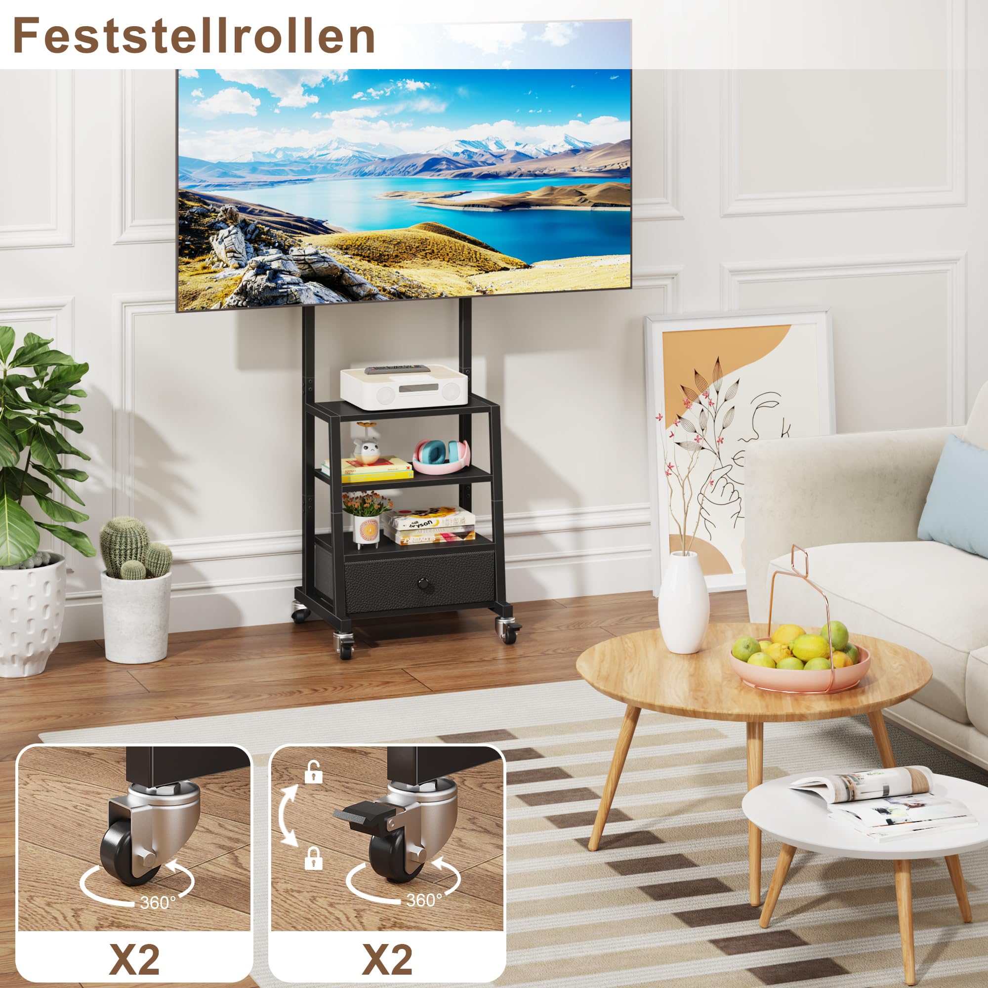 rollbarer TV-Ständer mit Halterung und Stoffschublade, Schwarz | Passt in Ecken, höhenverstellbar, 4 Rollen, Stoffschublade, kratzfest, leicht zu reinigen