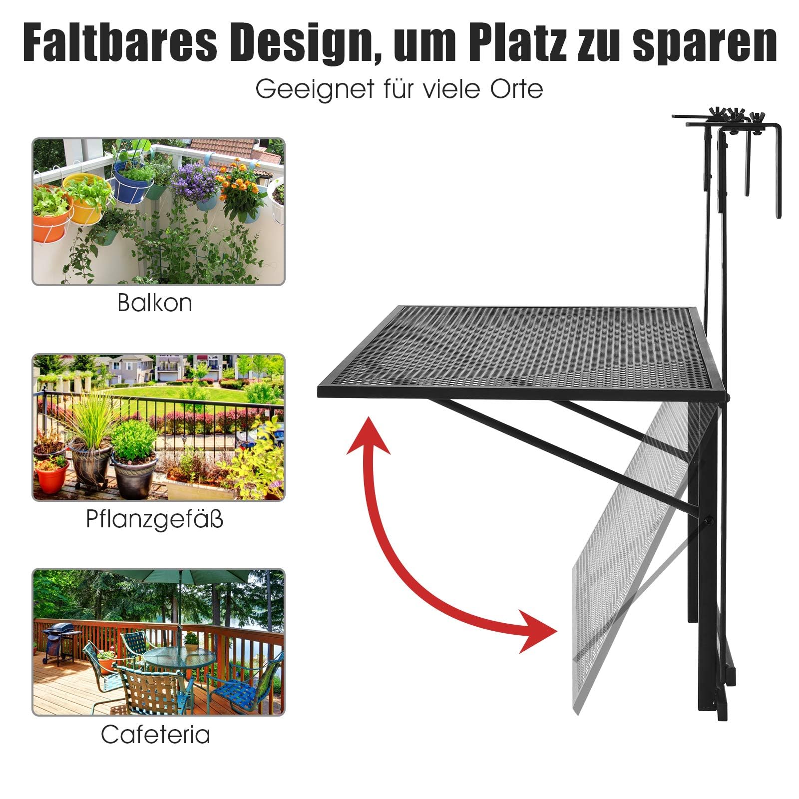 FANTASK Table Suspendue de Balcon Pliante en métal rectangulaire - Capacité de Charge : 20 kg - 60,5 x 40,5 cm - Noir