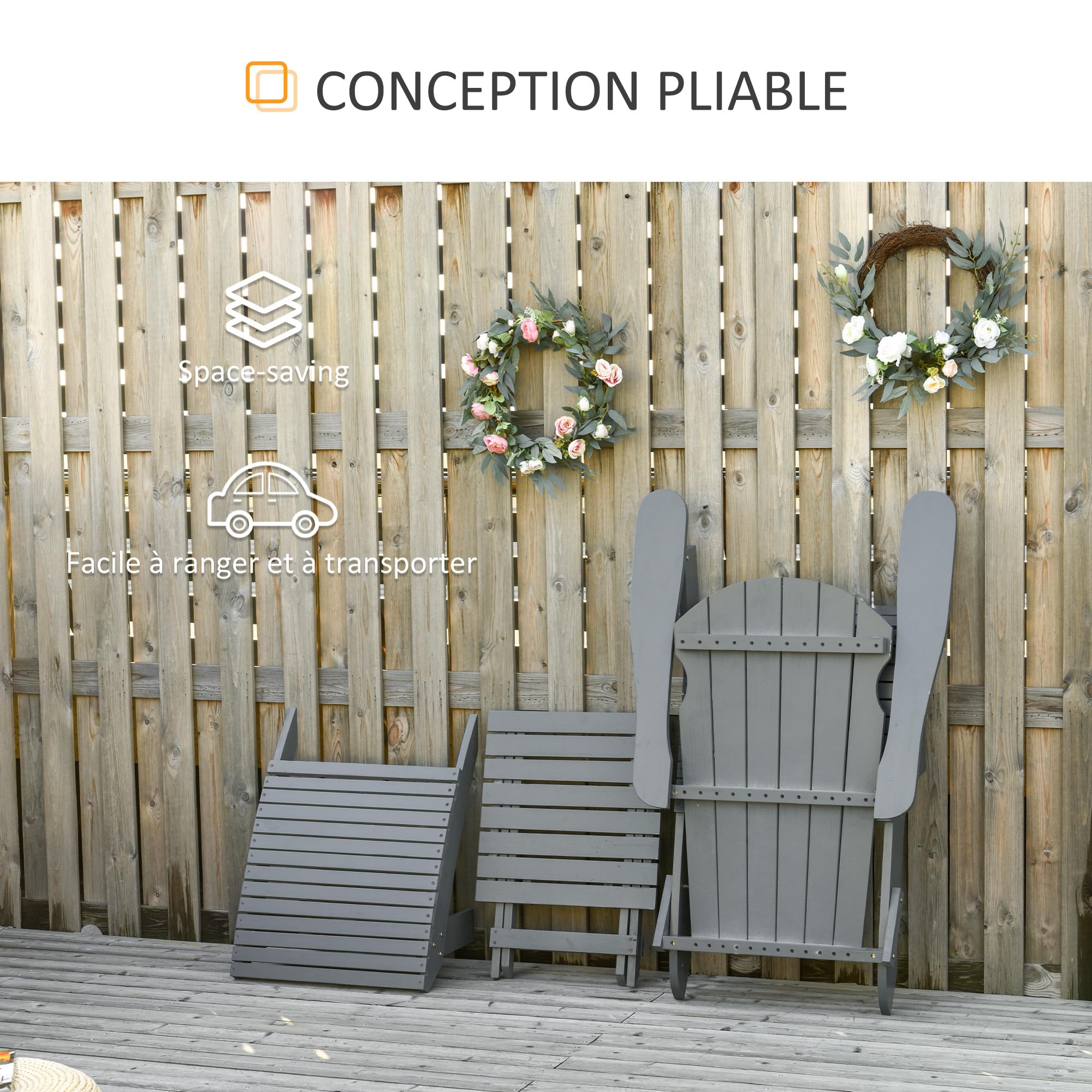 Outsunny Fauteuil de Jardin Adirondack Pliable, avec Table Basse et Repose-Pied, en Bois Massif traité Gris
