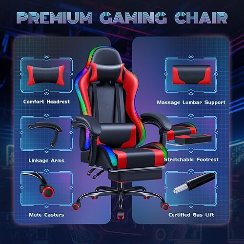 Miniatura 5 de Furmax Silla de juegos con luces LED RGB, silla de videojuegos con reposapiés y soporte lumbar de masaje, silla reclinable de respaldo alto con