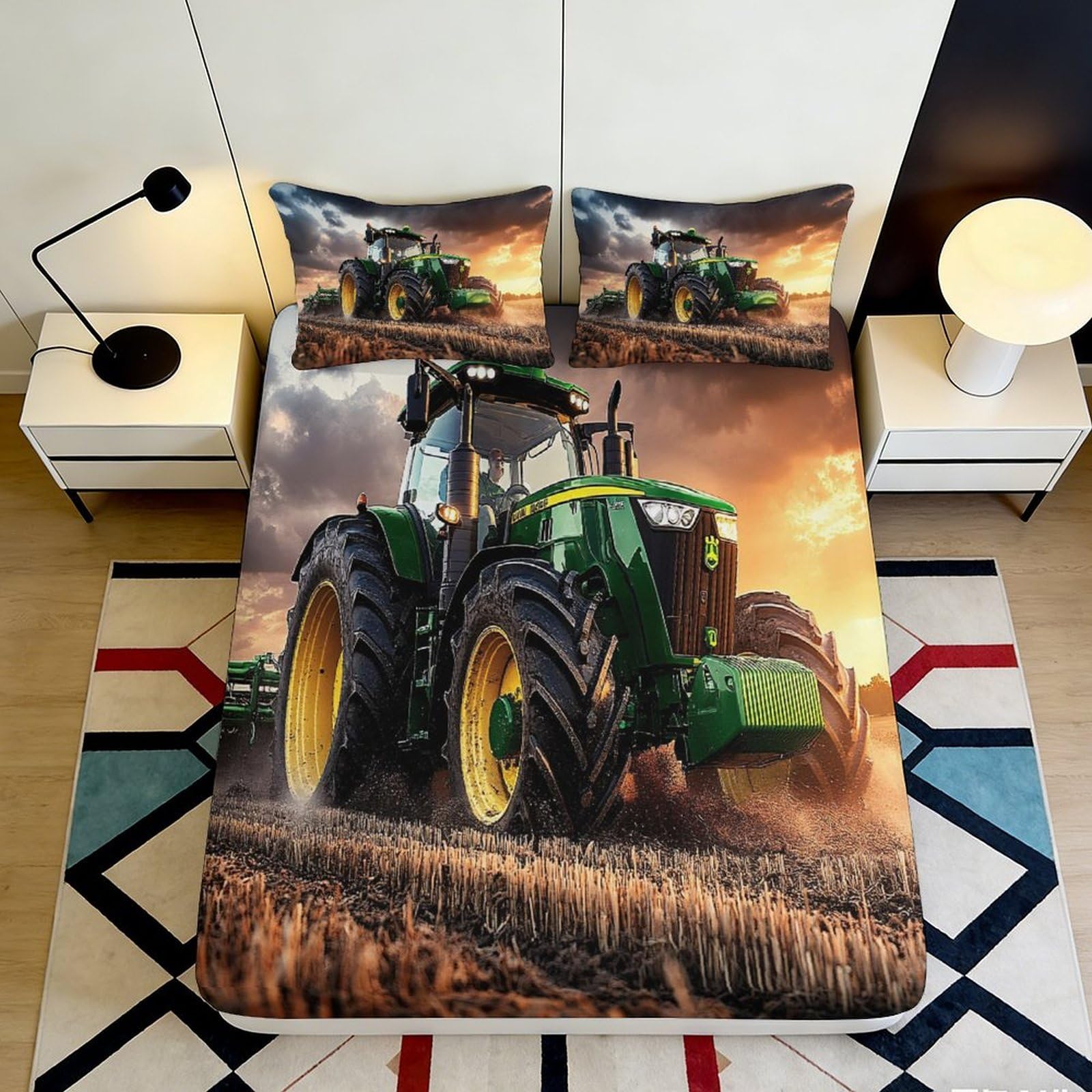 3D Printed Green Tractor Fitted Sheet Microfiber Soft Farm Machinery Bed Cover for Bedroom Dorm Mattress Protection Decor 160x200x25cm