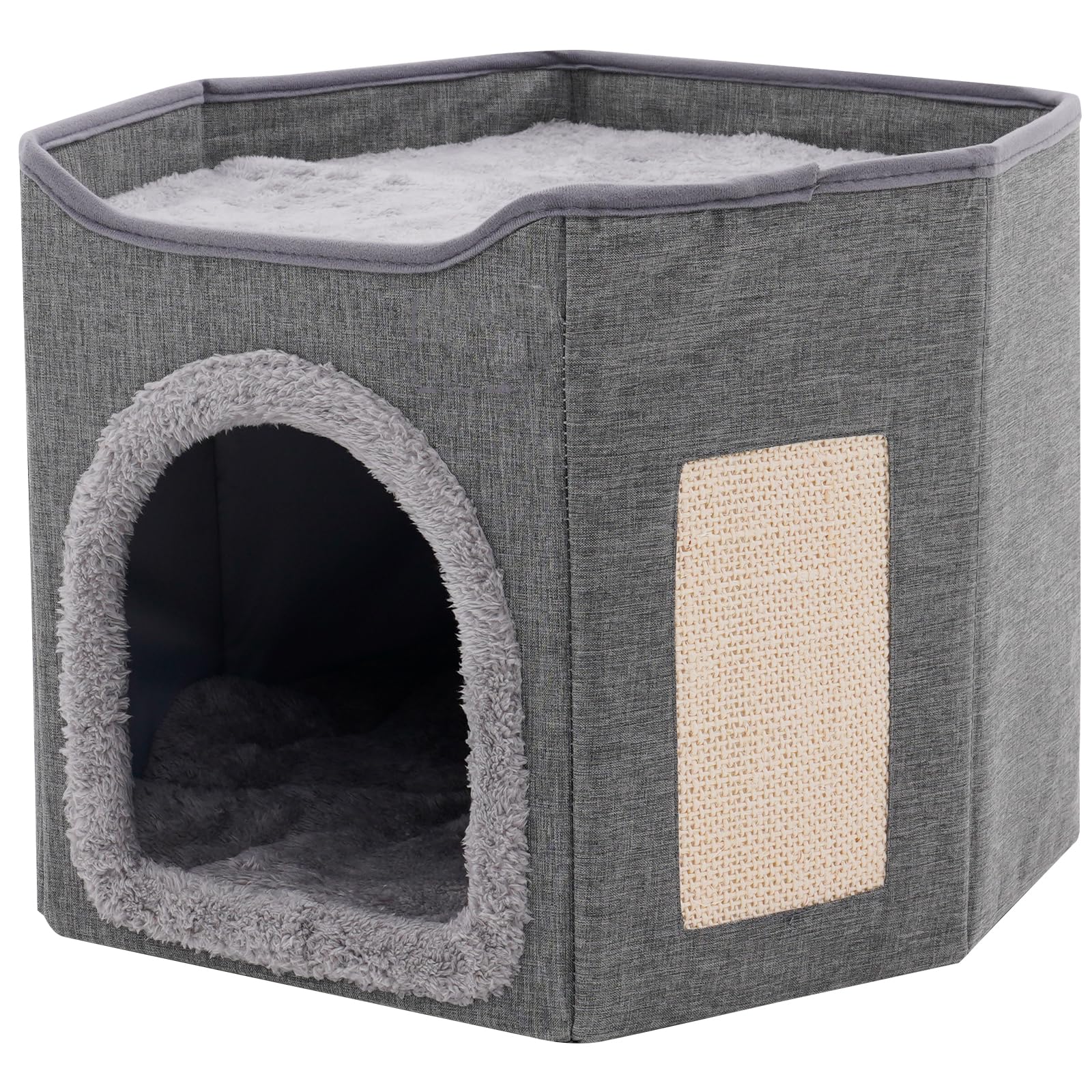 Faltbares Katzenhaus Indoor große Katzen, Große Katzenhöhle mit Kratzbrett, 2 Schicht Katzenbetten, Katzenhaus Höhle für kleine und mittlere Haustiere, Grau