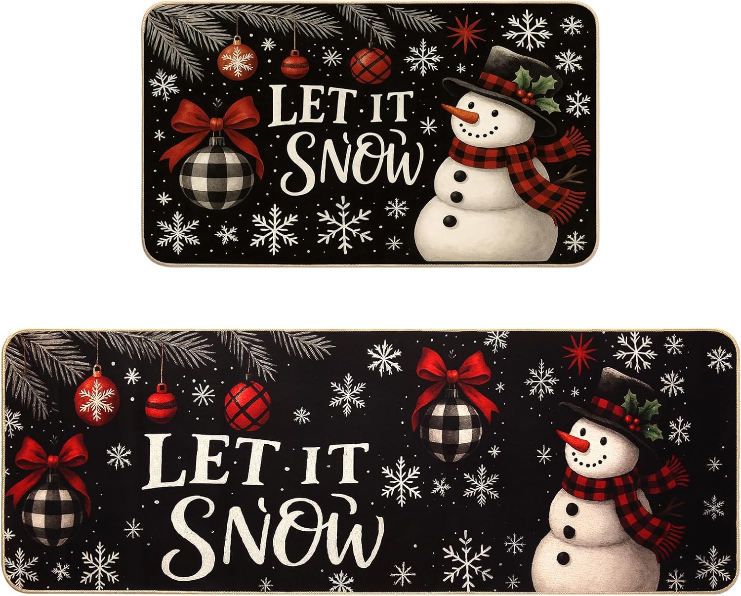 Mirok Kitchen Rugs Christmas Set of 2,Snow Christmas Kitchen Mat Farmhouse Christmas Decor Winter Kitchen Rug Mats Winter Rugs Indoor (Black,17"x29"+17"x47")