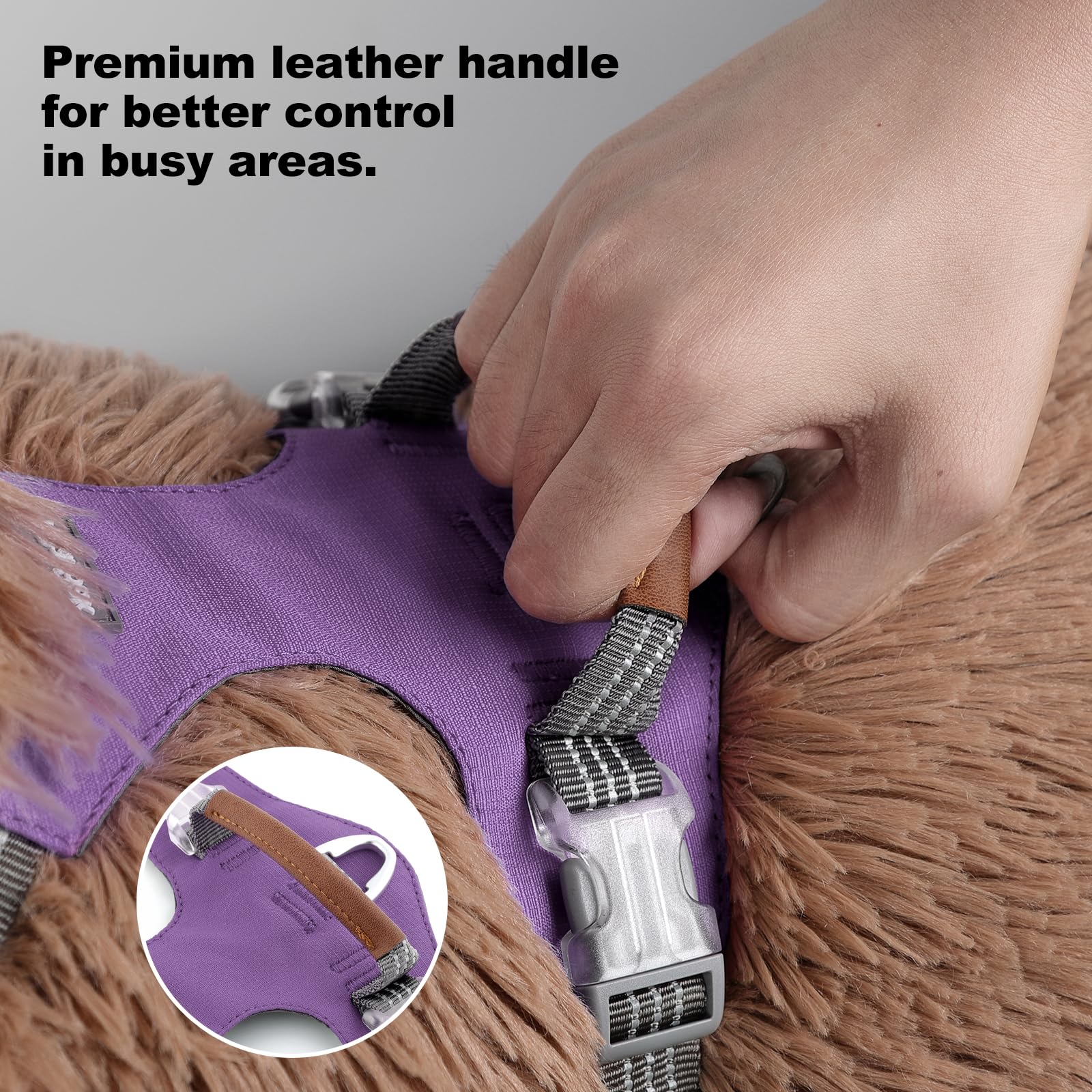 No Pull Dog Harness – Adjustable Reflective Nylon Vest for Small Medium Large Dogs, Escape Proof Training Harness with Leather Control Handle, Lightweight Aluminum Hardware (Purple, M) - image 2