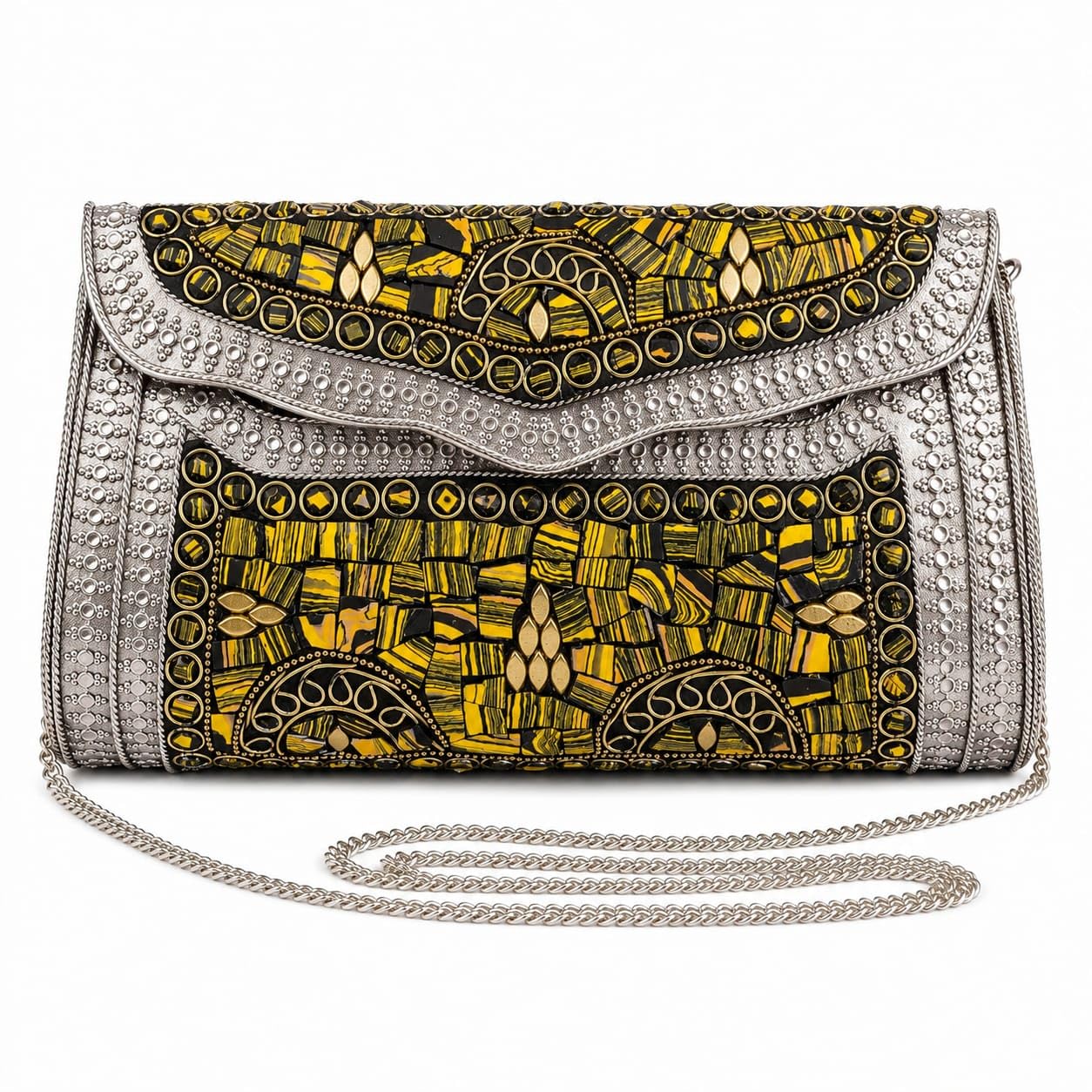 Women's Silver & Gold Embroidered Mosaic Clutch Bag with Detachable Chain Strap, Evening Party Sling Handbag | Silver with Yellow and Grey Mossaic19.5 x 10.5 x 5.7 cm-image-15