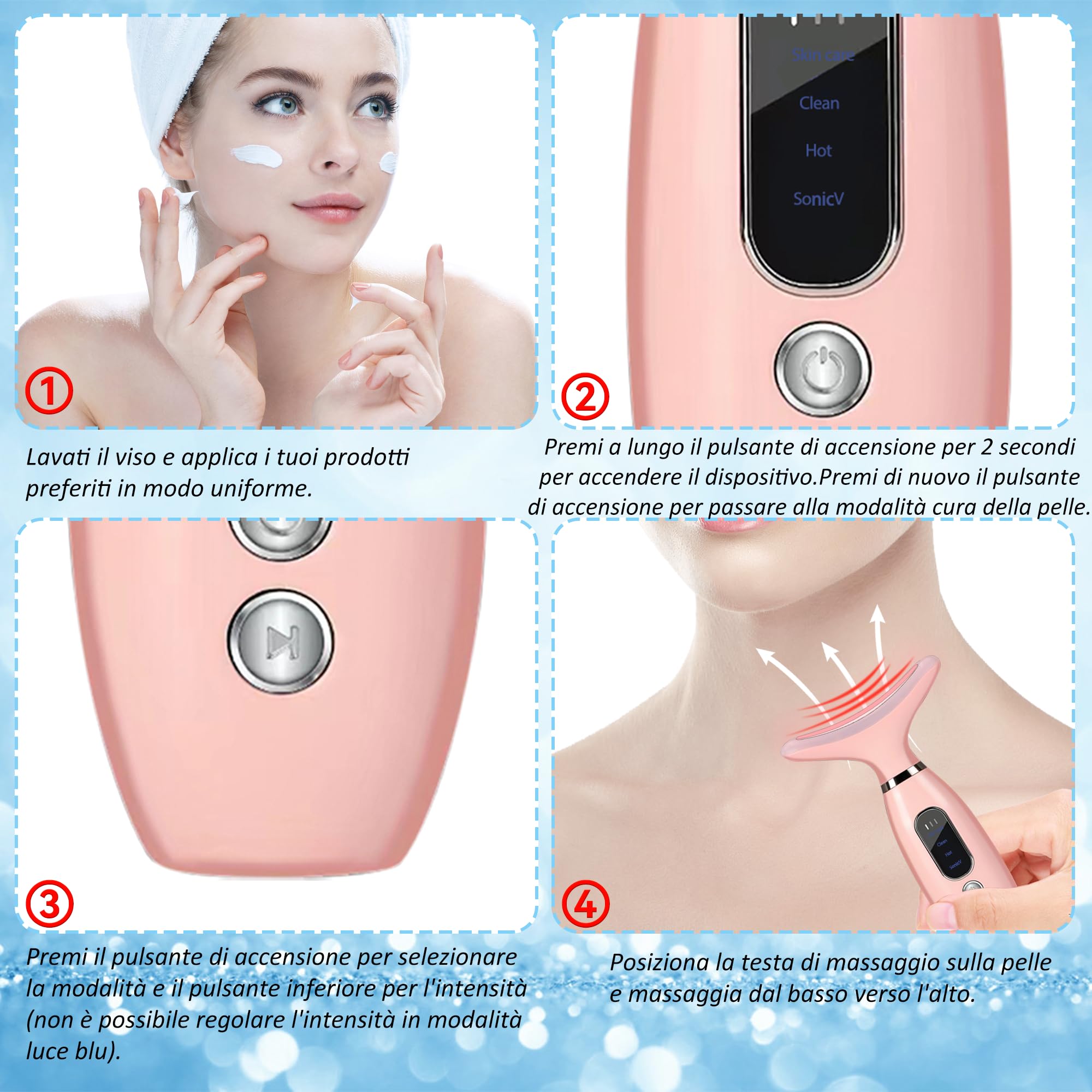Massaggiatore Viso Lifting, 45°C Terapia Della Luce che Rassoda il Dispositivo di Bellezza del Massaggiatore Facciale del Collo con 4 Modalità LED Massaggio per il Sollevamento del Viso